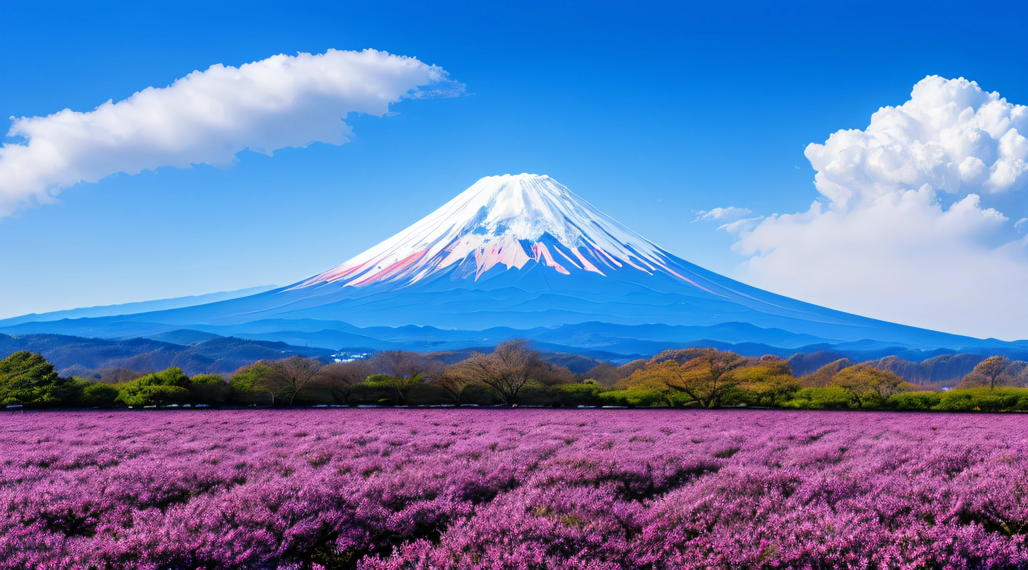 magnificent scenery, wide landscape, sharp and crisp background, very beautiful landscape, Mt Fuji, (cherry blossoms:0.4), best quality, masterpiece, ultra high res, dark blue light, cloudy, photo, photorealistic, wide view, kkw-ph1