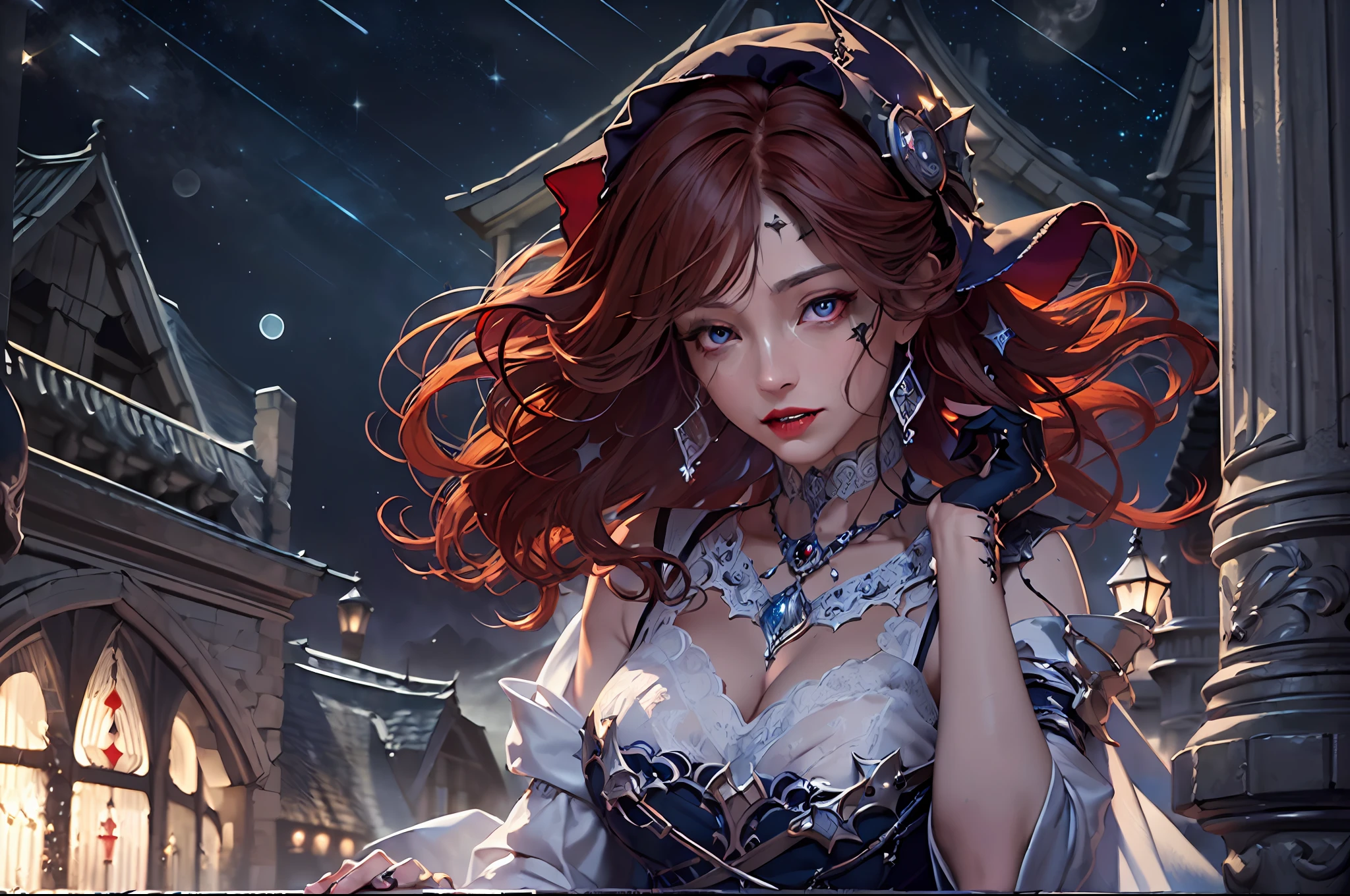 a picture of an exquisite beautiful female vampire standing under the starry night sky on the porch of her castle, dynamic angle (ultra detailed, Masterpiece, best quality), ultra detailed face (ultra detailed, Masterpiece, best quality), ultra feminine, grey skin, red hair, wavy hair, dynamic eyes color, cold eyes, glowing eyes, intense eyes, smirking, smile with [[drops of blood on face]], dark red lips, [fangs], wearing white dress (ultra detailed, Masterpiece, best quality), blue cloak (ultra detailed, Masterpiece, best quality), long cloak, flowing cloak (ultra detailed, Masterpiece, best quality), high heeled boots [[in starry night sky]], sky full of stars background, moon, bats flying about, high details, best quality, 8k, [ultra detailed], masterpiece, best quality, (ultra detailed), full body, ultra wide shot, photorealism, dark fantasy art, dark fantasy art, gothic art, many stars, dark fantasy art, gothic art, sense of dread,