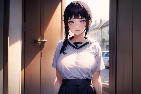 hinata hinata，white t-shirt for men，white eyes，bigboobs，stand in front of you，modern rental housing，naughty expression，