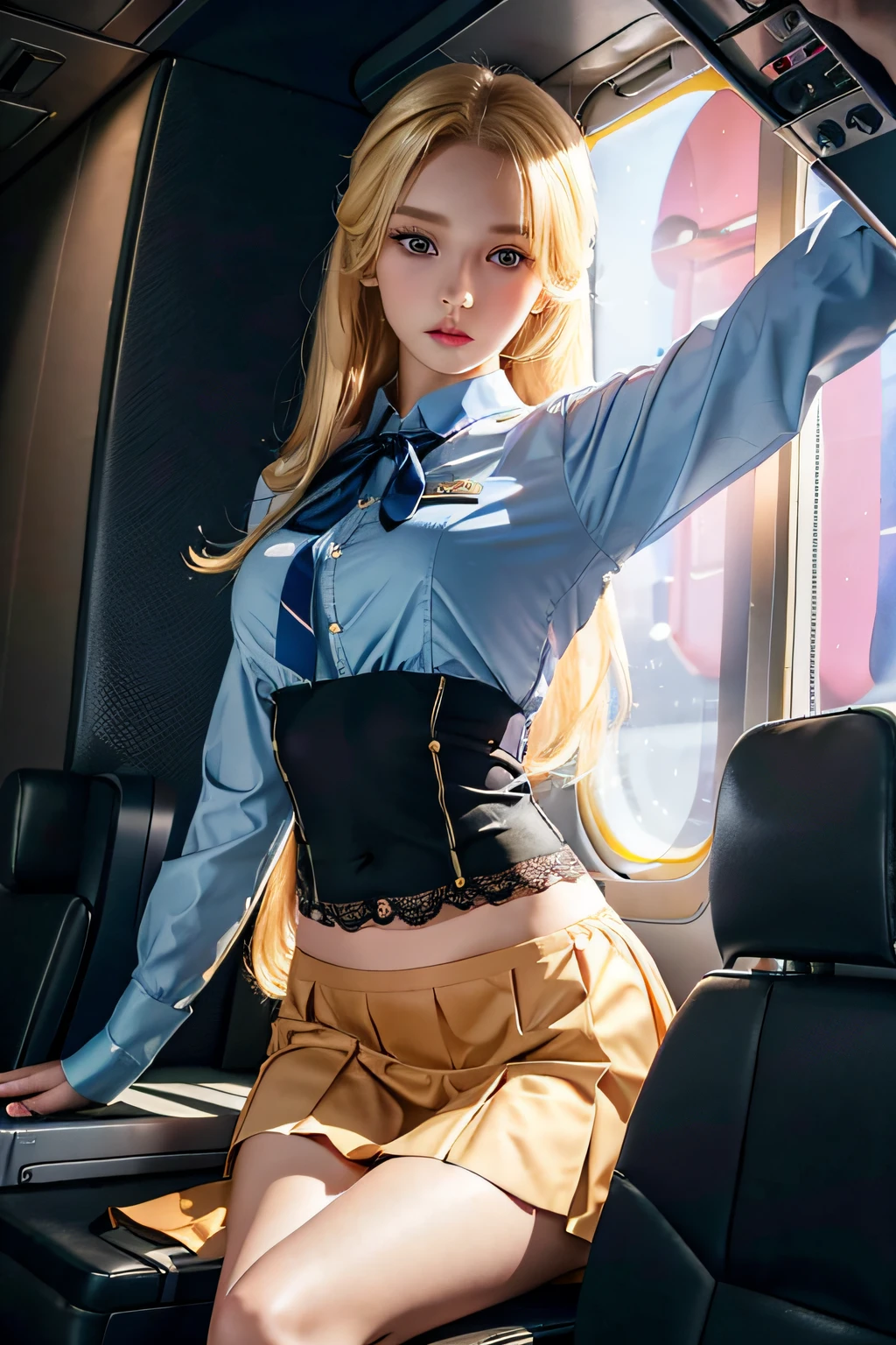 (8K, RAW photo, Best quality, Mastery:1.2), (Realistic, photo-realistic:1.2), (超高分辨率), (Ultra detailed), absurderes, 1girll, Long blonde hair，Blue pupil，pretty  face, symetrical eyes, Taiwan Baby 5, Perfect body proportion,middlebreast，（Pink flight attendant uniform，Lace pleated skirt hem：1.3），Open navel，tight-fitting，Badges，Thin leg，Fine skin，looking at viewert，（inside airplane：1.2），Motion capture，Frontal view