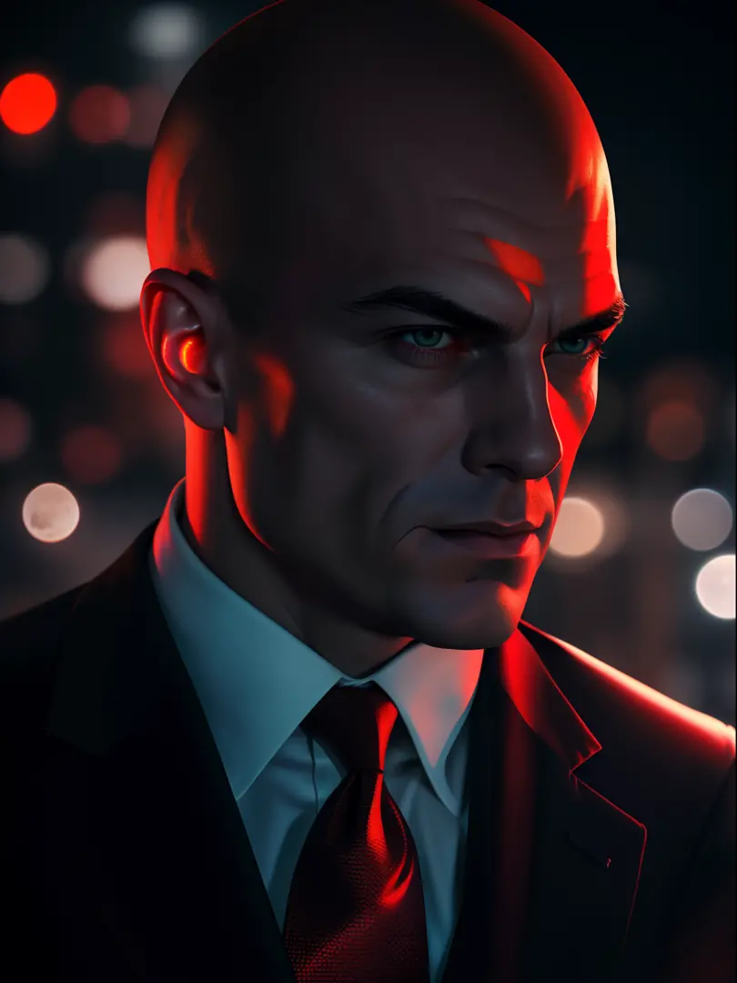 close-up portrait of cool hitman, agent 47, wearing a sleek black suit with a red tie, film lighting effects, realistic night li...