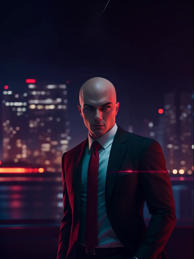 close-up portrait of cool hitman, agent 47, wearing a sleek black suit with a red tie, film lighting effects, realistic night li...