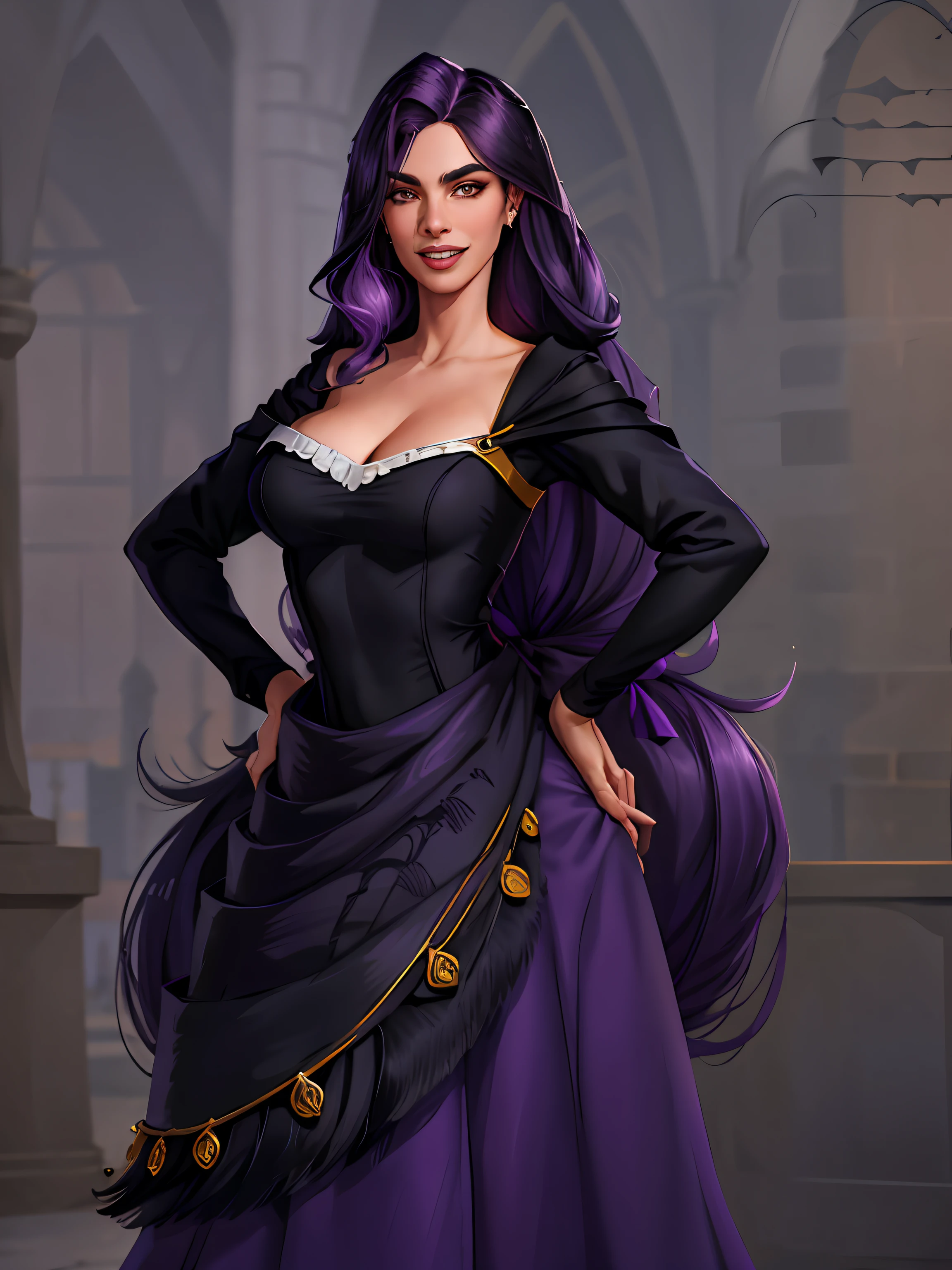 1menina ,with long lilac and black dress,faixa de cabelo, ombros nus, , joias, sorriso, dentes, Hands on hips, selva ao ar livre, volumeric lighting, melhor qualidade, obra-prima, Realistic with a razor in hand