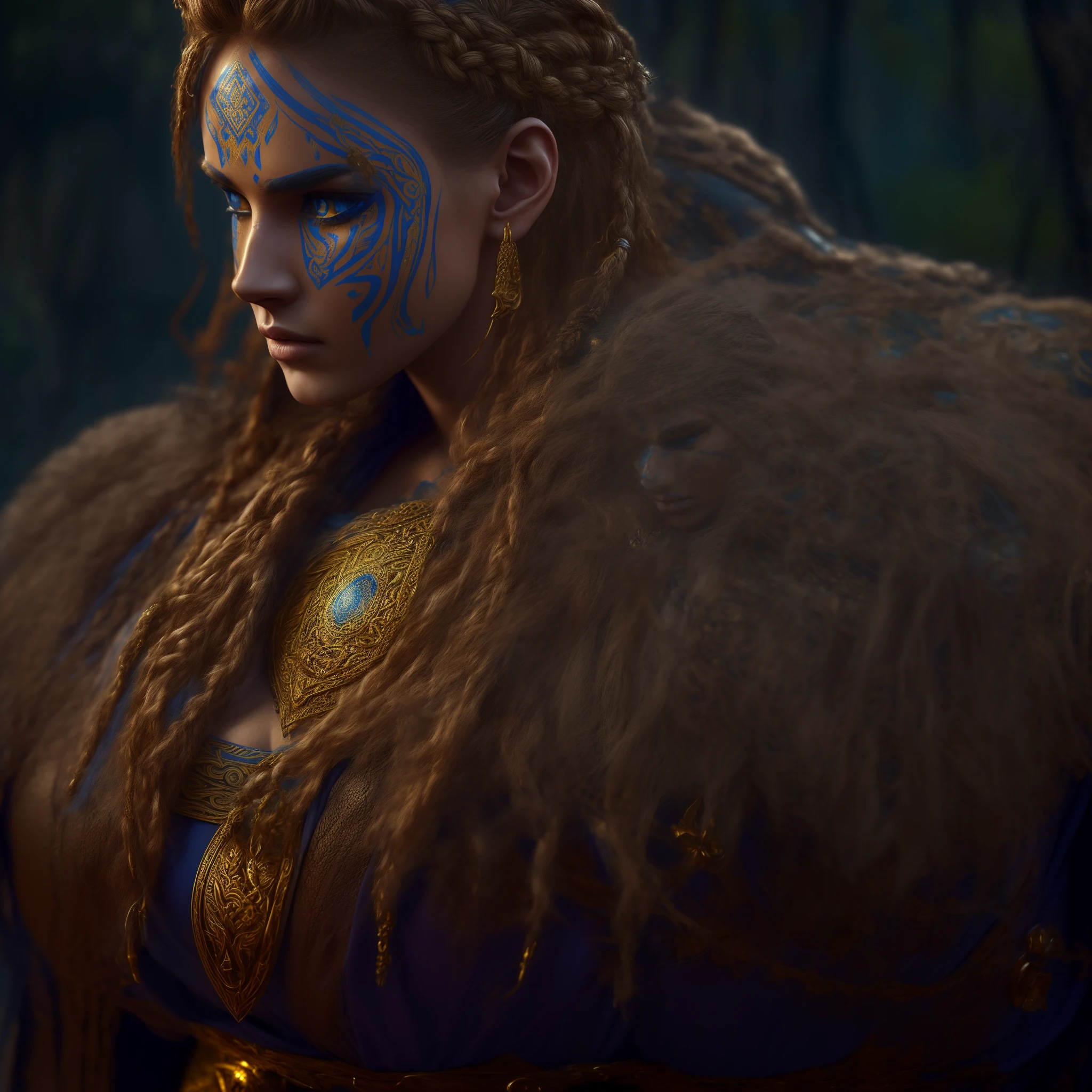 Cinematic detailed photo of a female viking warrior.... wearing a golden armour with intricate details...Cobalt blue tribal marks on her face… dirty blonde braids fell onto her shoulders...in the style of vray tracing, dima dmitriev, intense gaze, masculine, light cyan and red, master of shadows, cinematic lighting, extremely detailed, 4K, center focused, with an artistic touch that echoes the style of intensity and grandeur, embodying a blend of feminine grace and unyielding strength in the grandeur of 4K cinematic artistry. Thunder and lightning with intricate textures and details in the background, suggesting a the lady viking standing victorious in war or chaos, blood spatters add to the dramatisation and cinematic look, beautiful detailed gold ornaments, detailed gold third eye ornament, magic theme, elegant, ornate Beautiful Lighting, hyper realistic, highly detailed, sharp focus.