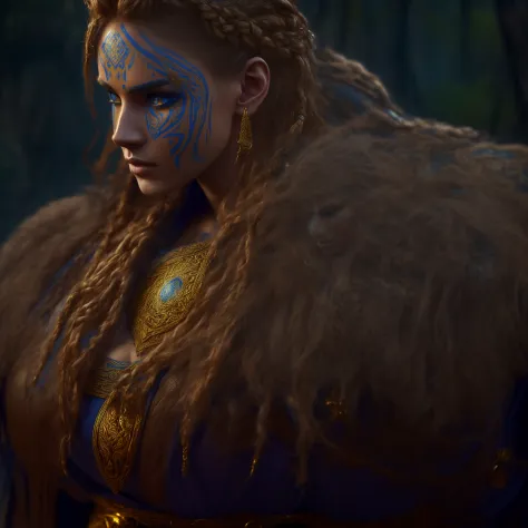 Cinematic detailed photo of a female viking warrior.... wearing a golden armour with intricate details...Cobalt blue tribal mark...