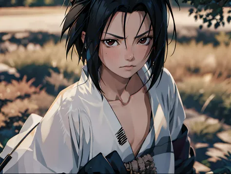 tmasterpiece， Best quality at best， 1girll，sasuke， little breast，（upperbody closeup)，is shy，scowling，Black hair，Japanese Katana ...