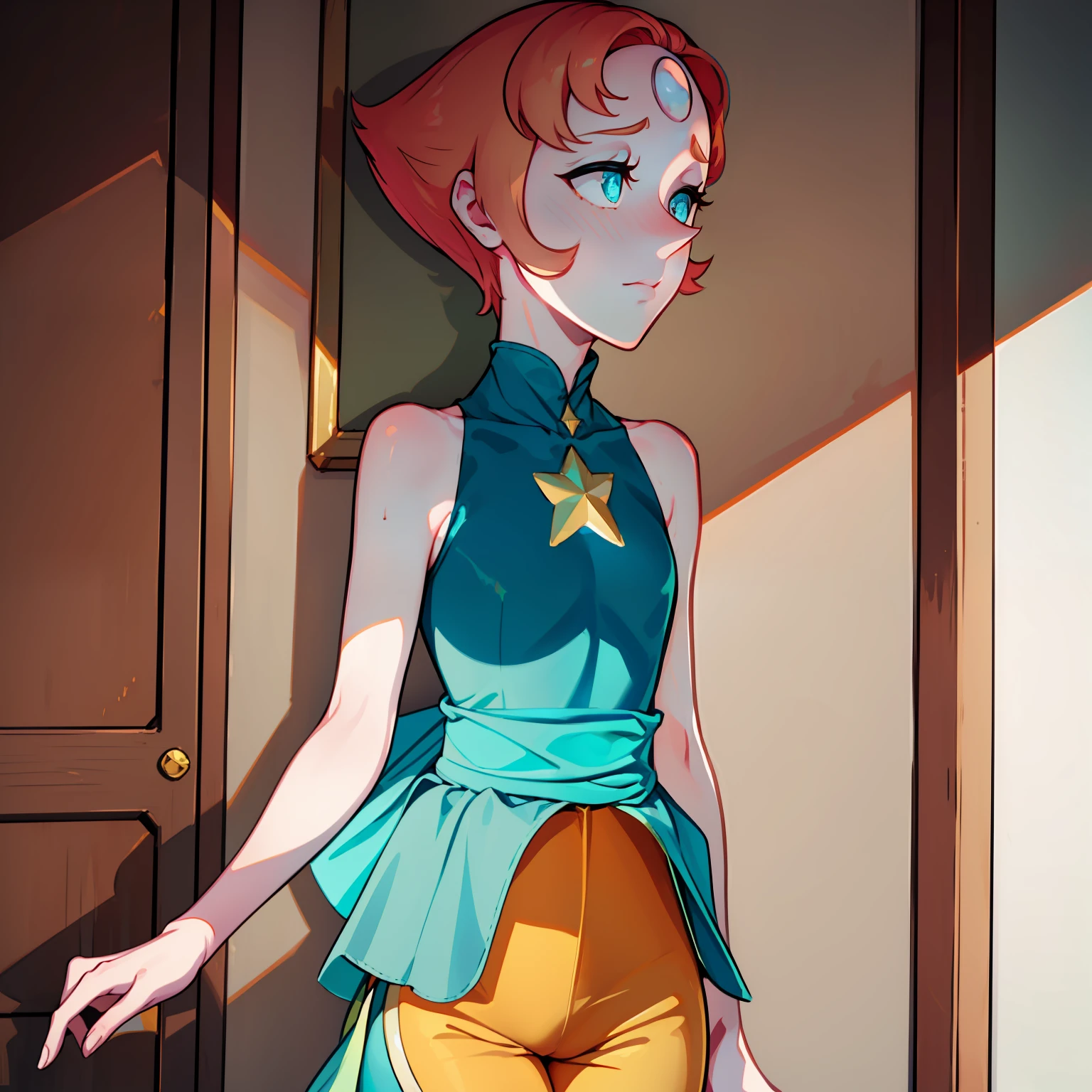 1girl, Pearl, pale, ivory complexion, light-cyan eyes, peach-colored hair, forehead gem, aqua blue tunic, cyan high-waist ribbon, yellow shorts, star emblem, swept-back hair, short hair, pearl gem, pointy nose, perfect anatomy, better hands, shy expression, cyan blush, kabedon pov