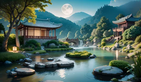 9:16 Full picture, ancient Chinese architecture, hazy moon, night, garden, bamboo, lake, stone bridge, rockery, arch, corner, ro...