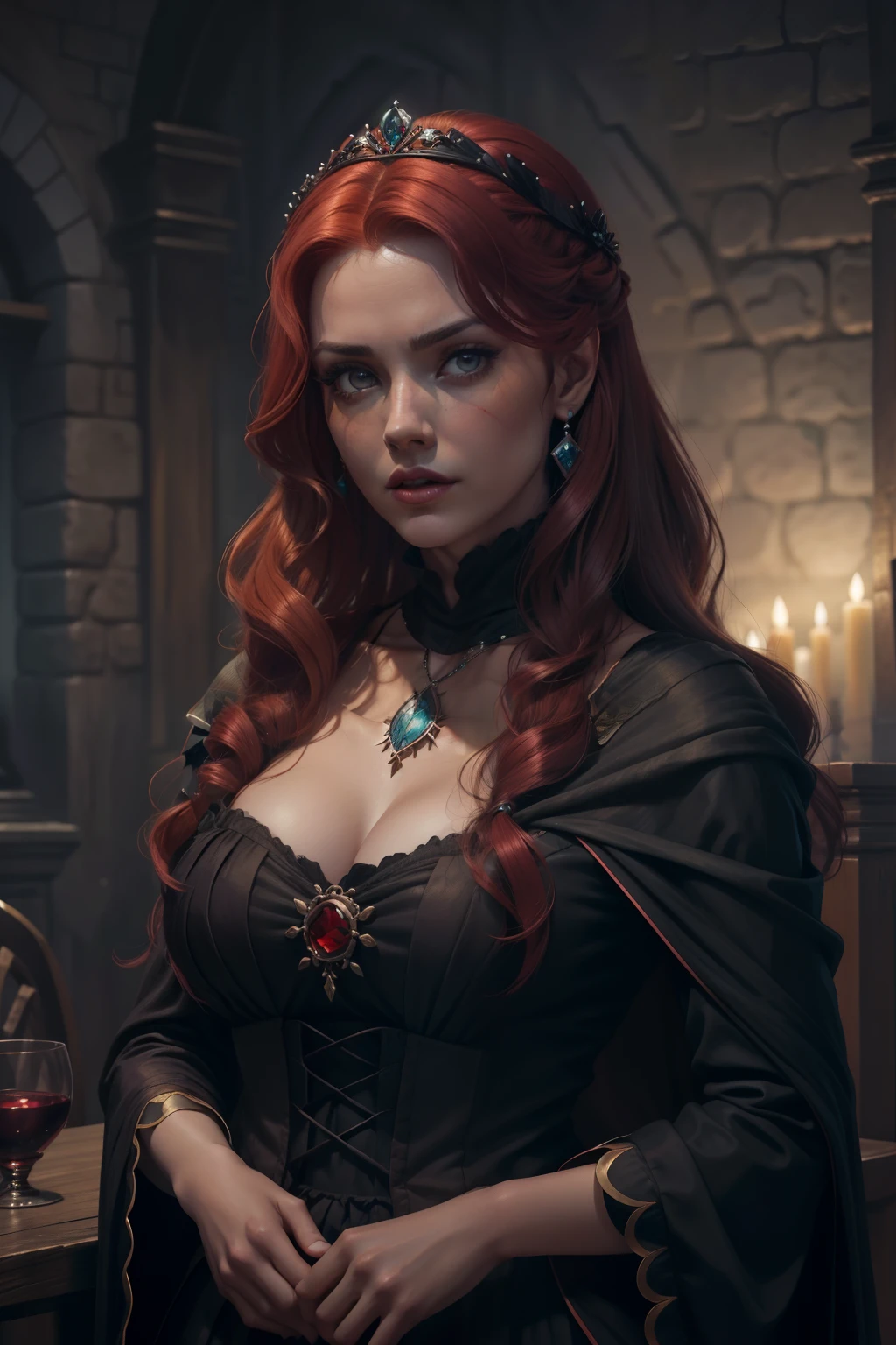 painting of a woman with red curly hair and a choker in a black dress, John Collier art style, maiden with copper hair, style of karol bak, a redhead curly haired woman, portrait of a witch, Non Bowater art style, Directed by: Roberto Lenkiewicz, brom gerald, Albert Lynch, Dave Sim, Red-haired woman in a gloomy palace, black and purple velvet dress using a kokoshnik, luxurious dress purpura , head adornment, Lace choker, woman sexy, fleshy lips, bountiful breasts, sculptural body, wearing a black shawl over her shoulders with embroidered purple flowers, wearing a head adornment and jewelry on the neck , woman sexy, seductive bard, mulher de cabelos cacheados e bountiful breasts, Princess with malicious and cruel expression, round and beautiful face, chubby woman, beautiful and fat body, cabelo volumoso e bountiful breasts, cute hair, jovem e bonita, round face malicious look, Plump face, Angel&#39;s face, cherub face, diabolical expression, luxurious dress, noble dress, princess dress, Plump body, woman sexy, Cute plump body, perfects eyes, beautiful and perfect face, face perfect, thick lips, fleshy lips, full pouty lips, juicy lips, elaborate dress, nice dress, noble woman dress, purple dress, stylish dress, rich woman dress, Princess dress of the Middle Ages, perfects eyes, amber eyes, Victorian dress with ruffles