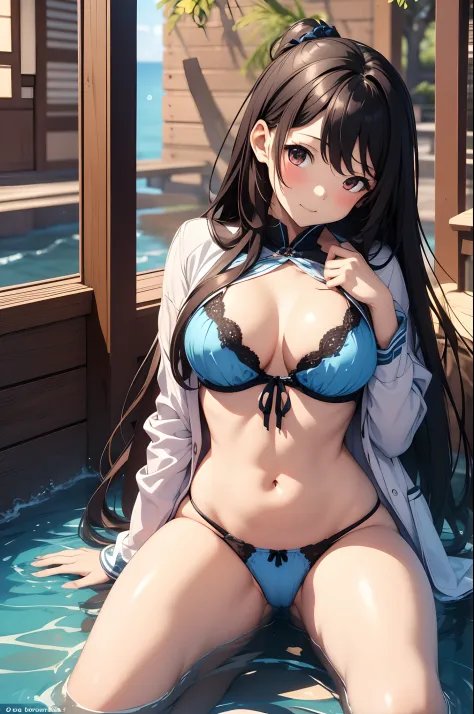 （Enrich the picture，Masterpiece level quality）Beautiful 8K CG artwork，Goddess-like posture，sittinng on the river，Postural exercises，Slim and soft，Translucent skin，Black hair、The beauty of extra-long hair, Super Long Straight Hair，The skin is fair and juicy...