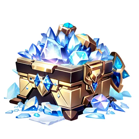 A close-up of a box with a bunch of ice crystals, lots of diamonds unearthed, Treasure chests, loot box, treasure artifact, plate armored chest, booty, jewel, Diamond, crystal material,Future science fiction