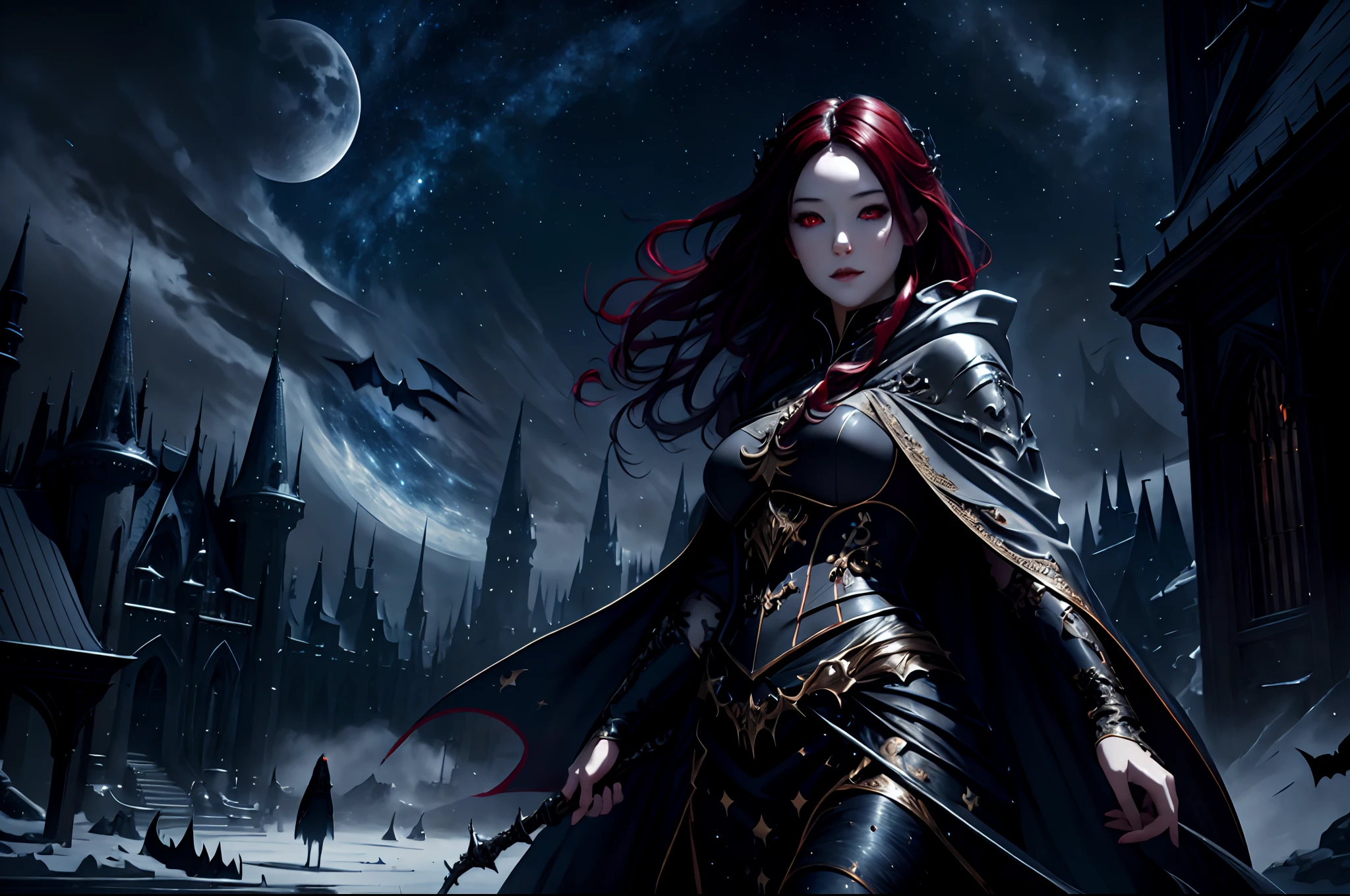 a picture of an exquisite beautiful female vampire standing under the starry night sky on the porch of her castle, dynamic angle (ultra detailed, Masterpiece, best quality), ultra detailed face (ultra detailed, Masterpiece, best quality), ultra feminine, grey skin, red hair, wavy hair, dynamic eyes color, cold eyes, glowing eyes, intense eyes, dark red lips, [fangs], wearing white dress (ultra detailed, Masterpiece, best quality), blue cloak (ultra detailed, Masterpiece, best quality), long cloak, flowing cloak (ultra detailed, Masterpiece, best quality), high heeled boots, sky full of stars background, moon, bats flying about, high details, best quality, 8k, [ultra detailed], masterpiece, best quality, (ultra detailed), full body, ultra wide shot, photorealism, dark fantasy art, dark fantasy art, gothic art, many stars, dark fantasy art, gothic art, sense of dread,