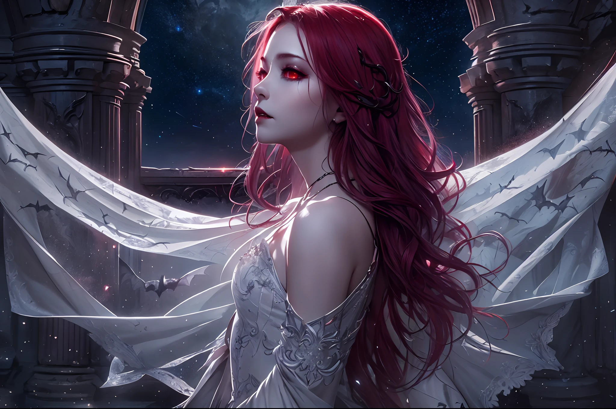 a picture of an exquisite beautiful female vampire standing under the starry night sky on the porch of her castle, dynamic angle (ultra detailed, Masterpiece, best quality), ultra detailed face (ultra detailed, Masterpiece, best quality), ultra feminine, grey skin, red hair, wavy hair, dynamic eyes color, cold eyes, glowing eyes, intense eyes, dark red lips, [fangs], wearing white dress (ultra detailed, Masterpiece, best quality), blue cloak (ultra detailed, Masterpiece, best quality), long cloak, flowing cloak (ultra detailed, Masterpiece, best quality), high heeled boots, sky full of stars background, moon, bats flying about, high details, best quality, 8k, [ultra detailed], masterpiece, best quality, (ultra detailed), full body, ultra wide shot, photorealism, dark fantasy art, dark fantasy art, gothic art, many stars, dark fantasy art, gothic art, sense of dread,