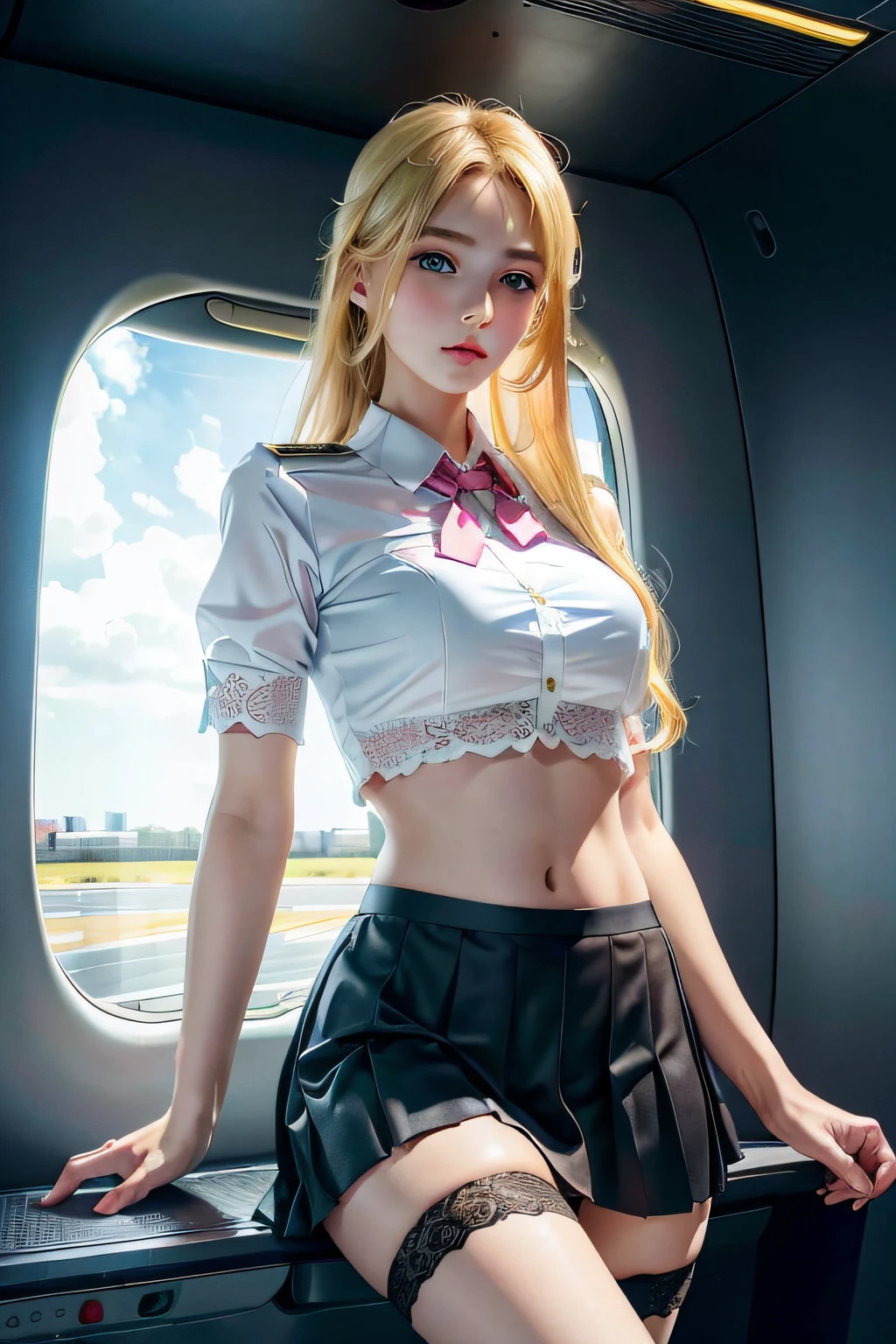 (8K, RAW photo, Best quality, Mastery:1.2), (Realistic, photo-realistic:1.2), (超高分辨率), (Ultra detailed), absurderes, 1girll, Long blonde hair，Blue pupil，pretty  face, symetrical eyes, Taiwan Baby 5, Perfect body proportion,middlebreast，（Pink flight attendant uniform，Lace pleated skirt hem：1.3），Open navel，tight-fitting，Badges，Thin leg，Fine skin，looking at viewert，（inside airplane：1.2），Motion capture，Frontal view