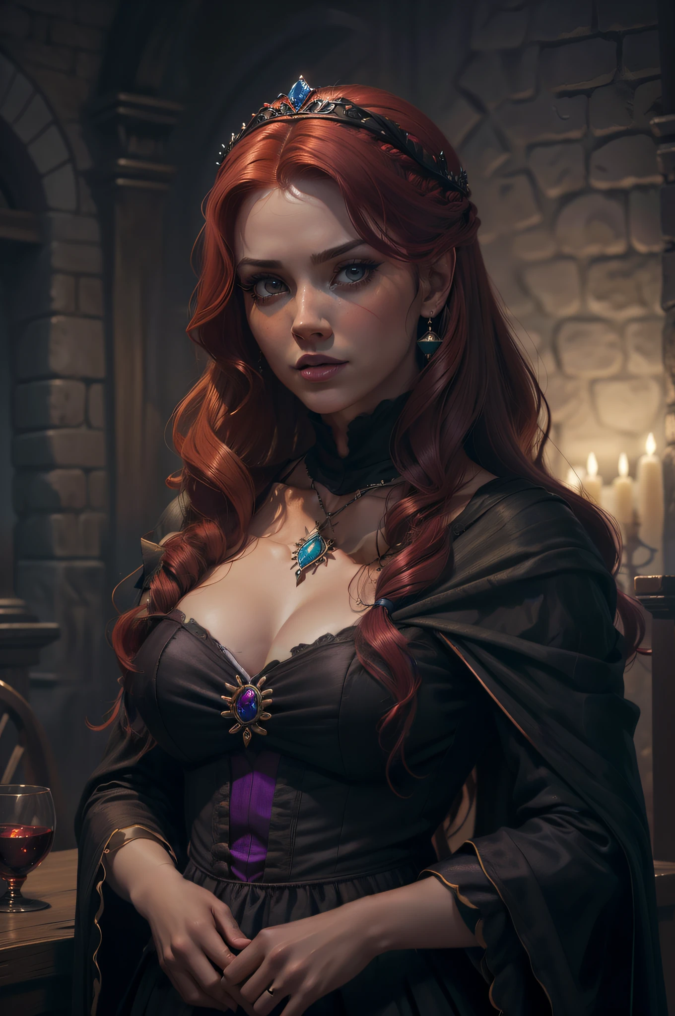 painting of a woman with red curly hair and a choker in a black dress, John Collier art style, maiden with copper hair, style of karol bak, a redhead curly haired woman, portrait of a witch, Non Bowater art style, Directed by: Roberto Lenkiewicz, brom gerald, Albert Lynch, Dave Sim, Red-haired woman in a gloomy palace, black and purple velvet dress using a kokoshnik, luxurious dress purpura , head adornment, Lace choker, woman sexy, fleshy lips, bountiful breasts, sculptural body, wearing a black shawl over her shoulders with embroidered purple flowers, wearing a head adornment and jewelry on the neck , woman sexy, seductive bard, mulher de cabelos cacheados e bountiful breasts, Princess with malicious and cruel expression, round and beautiful face, chubby woman, beautiful and fat body, cabelo volumoso e bountiful breasts, cute hair, jovem e bonita, round face malicious look, Plump face, Angel&#39;s face, cherub face, diabolical expression, luxurious dress, noble dress, princess dress, Plump body, woman sexy, Cute plump body, perfects eyes, beautiful and perfect face, face perfect, thick lips, fleshy lips, full pouty lips, juicy lips, elaborate dress, nice dress, noble woman dress, purple dress, stylish dress, rich woman dress, Princess dress of the Middle Ages, perfects eyes, amber eyes, victorian dress, vestio purpura, purple dress, nice dress, perfect hands, beautiful hands, vestio purpura, nice dress, purple dress