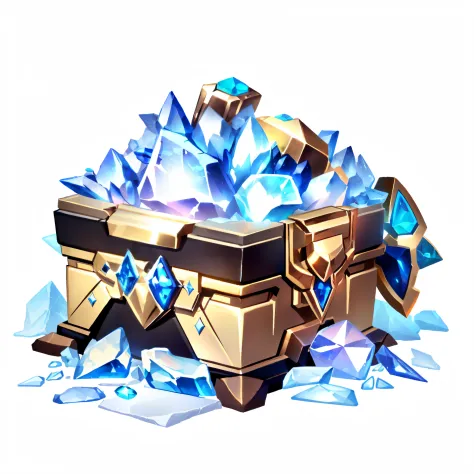 There is a box，There are a lot of diamonds on it, loot box, treasure artifact, Treasure Trove, frost gem, Treasure chests, crystal material, gemstones and gold, crystall,game icon asset，Up，mechs，sci-fy