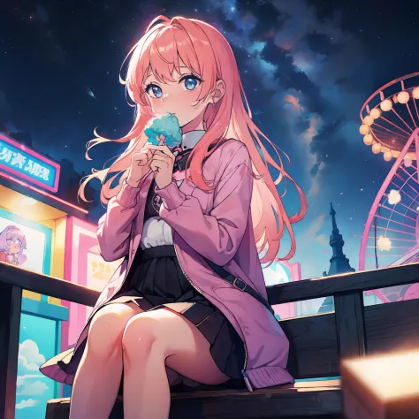 1girl, Sitting in an amusement park, eat a cotton candy, night sky