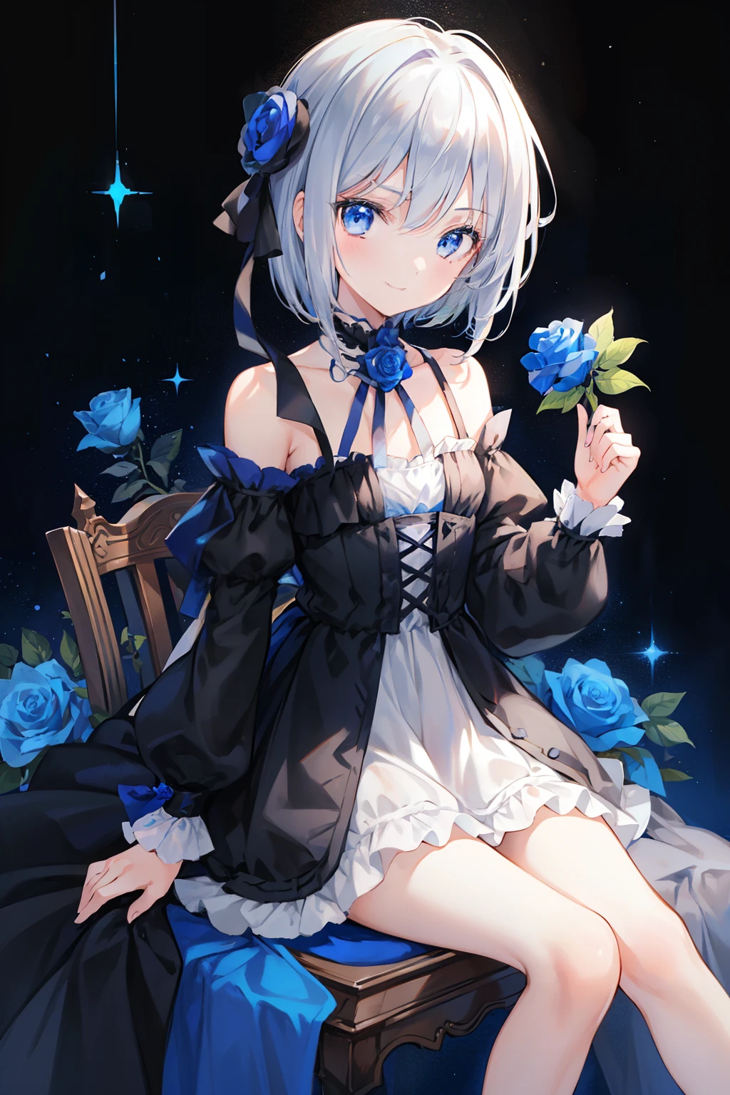 masterpiece, hyper quality, 1girl, solo girl, silver hair, blue eyes, sharp eyes, straight hair, (short hair), ((shoulder-length hair)), a black dress, ribbons, frilled, long sleeves, holding a blue rose, a blue rose, (with a blue rose in one hand), sitting on the chair, little smiling, a small smile, little bright background