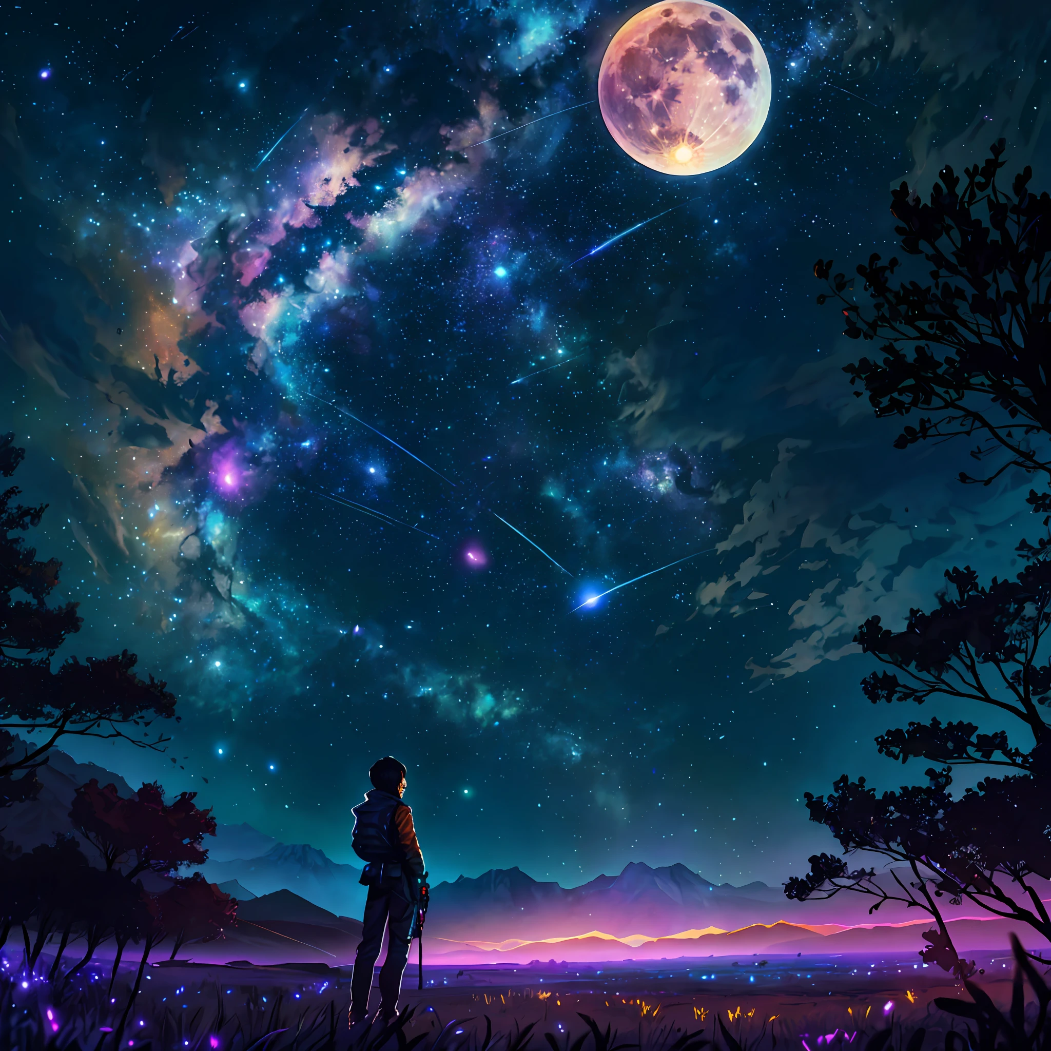 Expansive landscape photograph, (view from below with a view of the sky and wilderness below), a girl standing in a grass field looking up, short hair, black hair, glasses, ragged attire, (full moon: 1.2), (shooting star: 0.9), (nebula: 1.3), distant mountain, tree break production art, (warm light source: 1.2), (firefly: 1.2), lamp, purple and orange, intricate detail, volume lighting, realism break (masterpiece: 1.2) (Best Quality), 4K, Ultra-Detailed, (Dynamic Configuration: 1.4), Highly Detailed and Colorful Details, (Iridescent Colors: 1.2), (Glowing Lighting, Atmospheric Lighting), Dreamy, Magical, (Solo: 1.2)