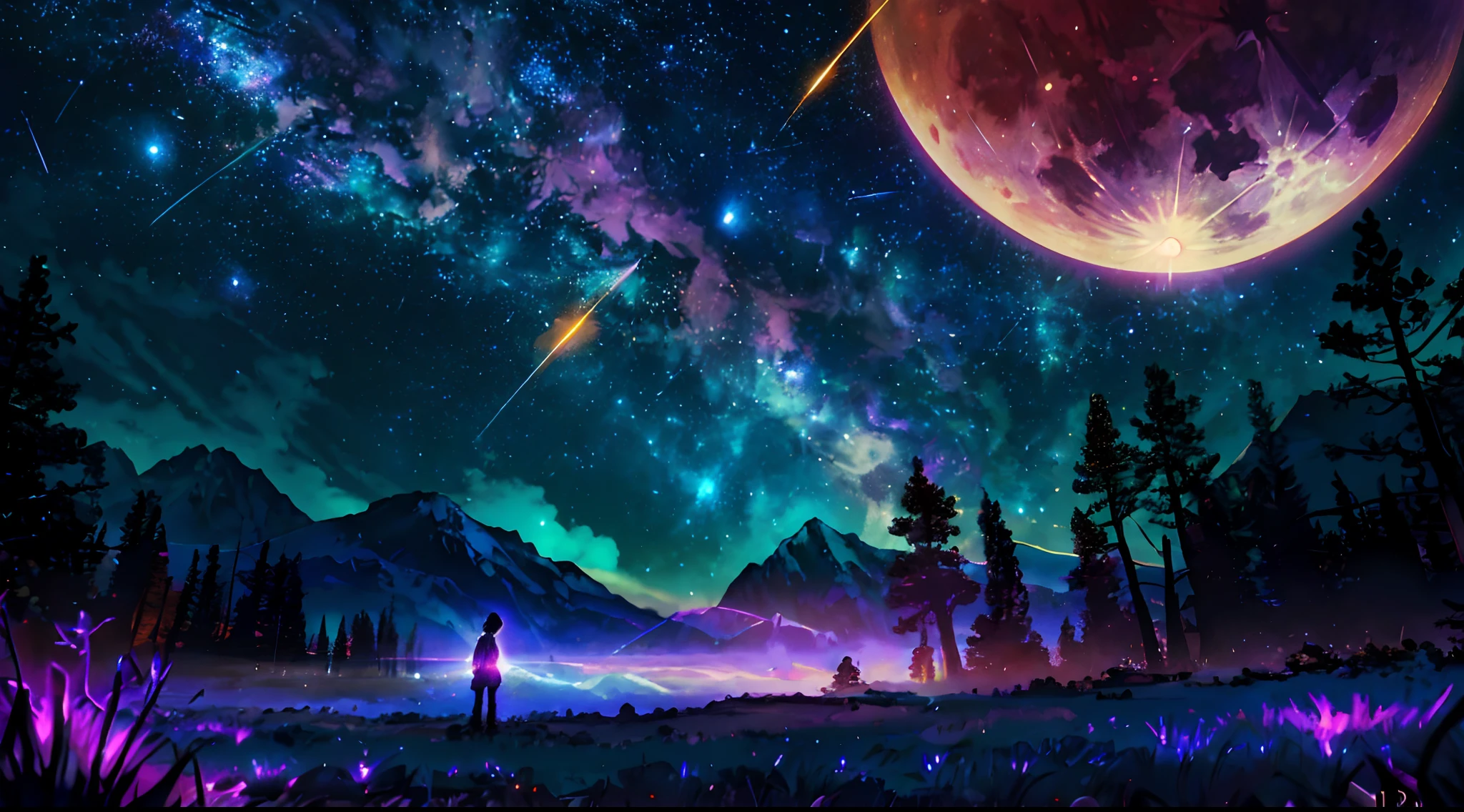 Expansive landscape photograph, (view from below with a view of the sky and wilderness below), a girl standing in a grass field looking up, short hair, black hair, glasses, ragged attire, (full moon: 1.2), (shooting star: 0.9), (nebula: 1.3), distant mountain, tree break production art, (warm light source: 1.2), (firefly: 1.2), lamp, purple and orange, intricate detail, volume lighting, realism break (masterpiece: 1.2) (Best Quality), 4K, Ultra-Detailed, (Dynamic Configuration: 1.4), Highly Detailed and Colorful Details, (Iridescent Colors: 1.2), (Glowing Lighting, Atmospheric Lighting), Dreamy, Magical, (Solo: 1.2)