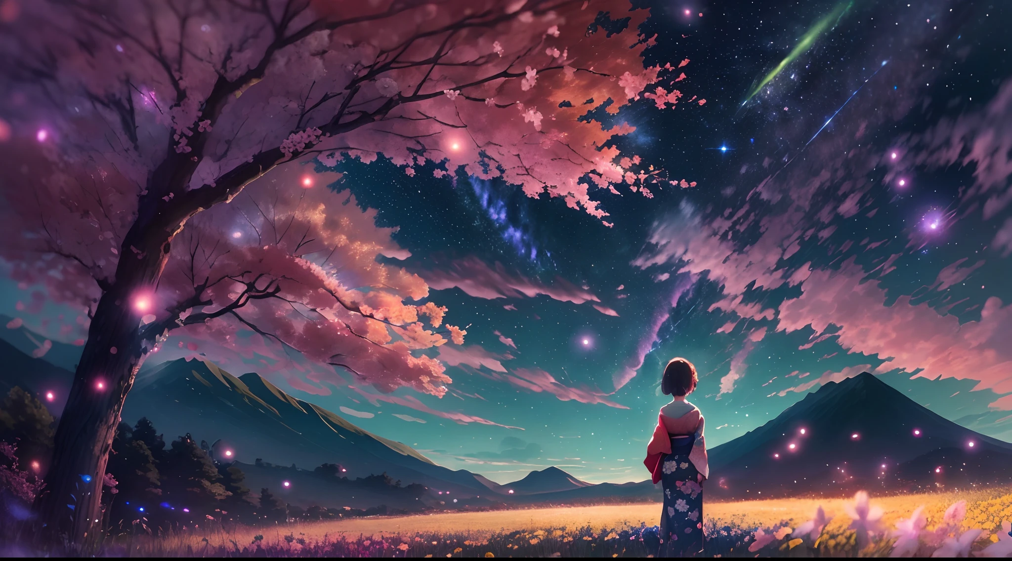 1girl, distant girl wearing a kimono staring at the stars, (zoomed out:1.1), (meteor shower:1.2), (comet:1.1), your name, low angle, from behind, aroura borealis, shooting star, yukata, red kimono, cherry blossoms, standing in a field,best quality, masterpiece,  cloud,colorful, starry,stars,