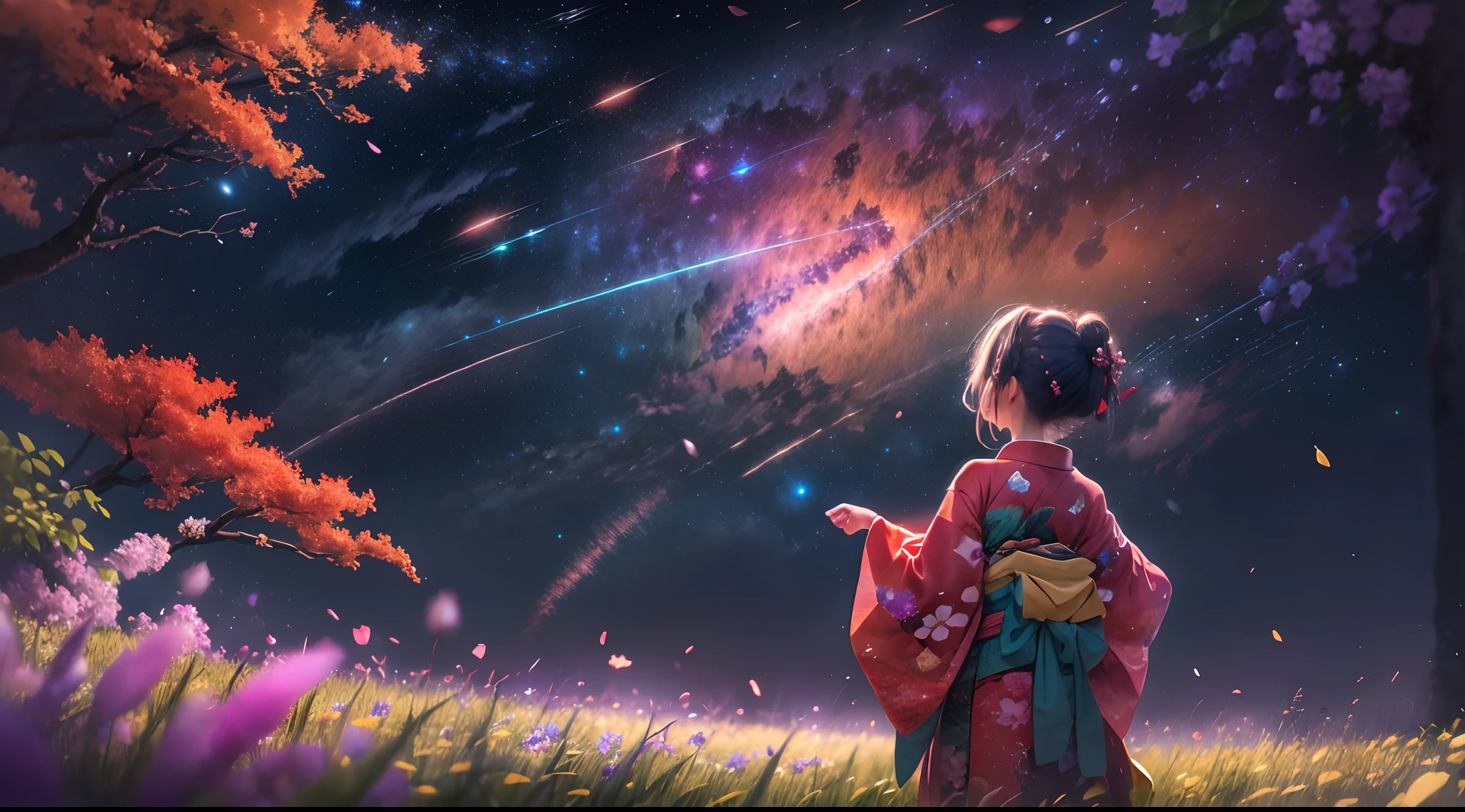 1女孩, distant girl wearing a kimono staring at the 星星, (缩小:1.1), (流星雨:1.2), (彗星:1.1), 你的名字, 低角度, 从后面, 北极光, 流星, 浴衣, 红色和服, 樱花, 站在田野里,最好的质量, 杰作,  云,丰富多彩的, 繁星点点,星星,