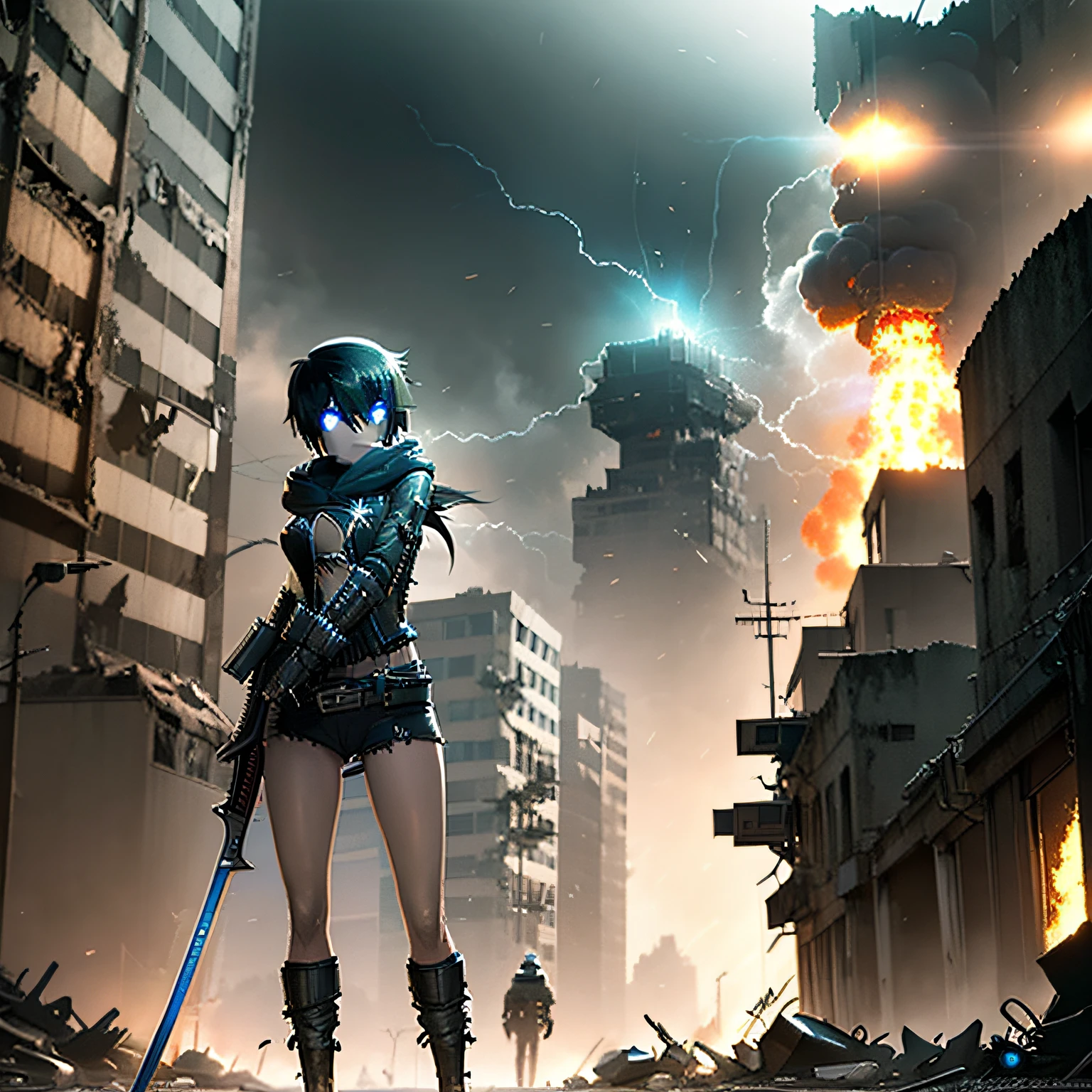 "Black Rock Shooter wielding a one-handed sword in the post-apocalyptic world of Fallout 3."