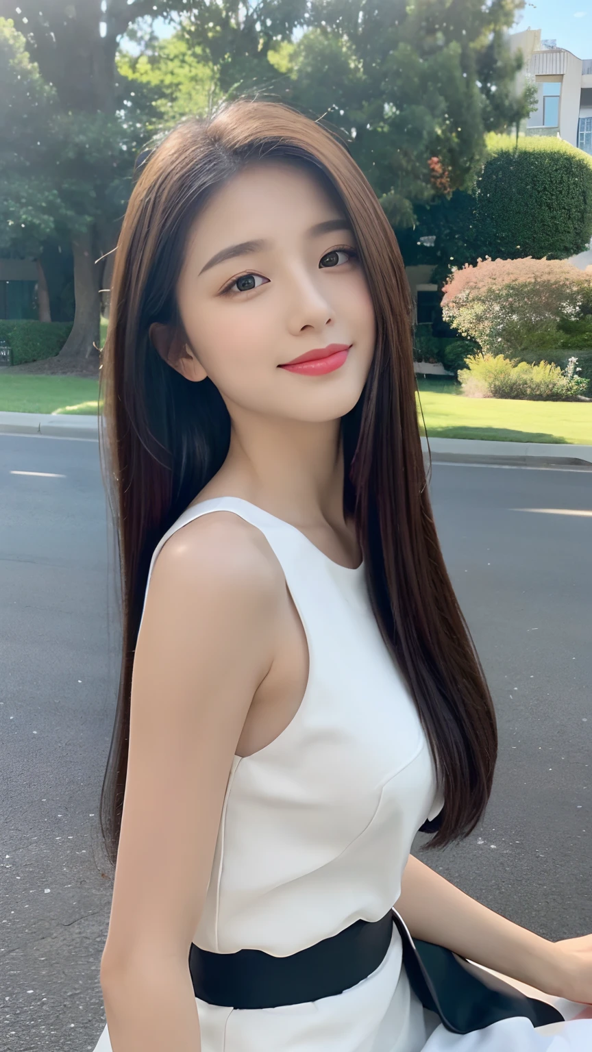 ((Best Quality, 8K, Masterpiece:1.3)), A beautiful girl, pure, melon face, gentle and cute, sweet smile, pure desire, thin figure, (frontal), (tilted head), looking directly at the camera, uniform, obi, formal, black silky long straight hair, long hair flowing over the shoulders, round black big eyes, clear big eyes, moist red lips, sweet, sitting on the side of the road, blue sky and white clouds, grass, buildings,