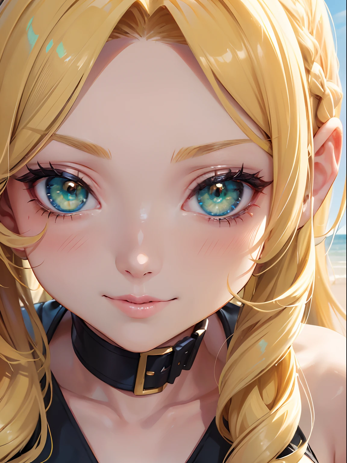 NFSW, 1 Lady,  Face, (((1 Lady:1.37, Solo))), (((Extreme close-up of the face))), (Beautiful face, Cute face, Detailed face, grinning evily),  BREAK, ((( Golden hair, Semi-long hair, Hair pulled back, Wavy Hair. Twin-tailed))), (((Detailed beautiful green eyes,))), BREAK, (((Sunny))), (((in beach))), BREAK, blazing, Shiny skin, extremely detailed CG unified 8k wallpaper, very fine 8KCG wallpaper, anime moe art style, Anime visuals of cute girls, anime style portrait, In an anime style, Beautiful anime, 8K Anime Art Style, In anime style、8K animation with detailed drawings, (​masterpiece, Best Quality), High resolution, Ultra-detailed, ultra-sharp, Cinematic lighting