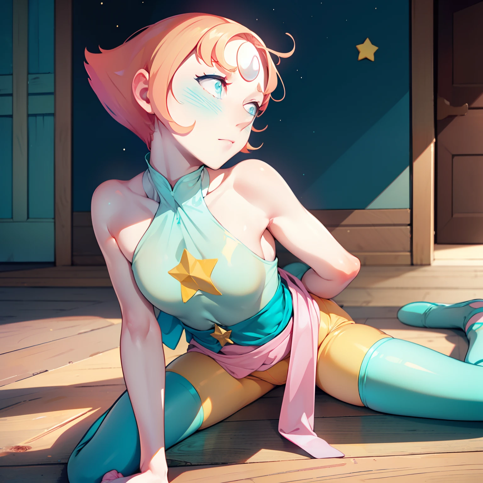 1girl, Pearl, pale, ivory complexion, light-cyan eyes, peach-colored hair, forehead gem, aqua blue tunic, cyan high-waist ribbon, yellow shorts, star emblem, swept-back hair, short hair, pearl gem, pointy nose, pink socks, light blue ballet flats, girl on top, shy expression, cyan blush, portrait, perfect anatomy, arm support, incoming straddle, pov