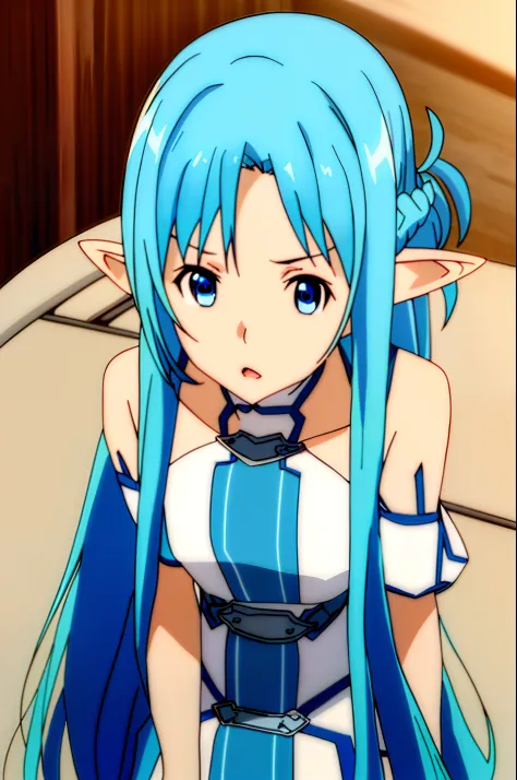 masterpiece, best quality, asuna alfheim, 1girl, solo, long hair, blue hair, blue eyes, skirt, blue thighhighs, pointy ears, upp...