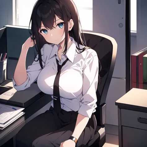 a woman with black hair and a bored expression is sitting at a desk in an office, wearing a white shirt and a black skirt. she h...