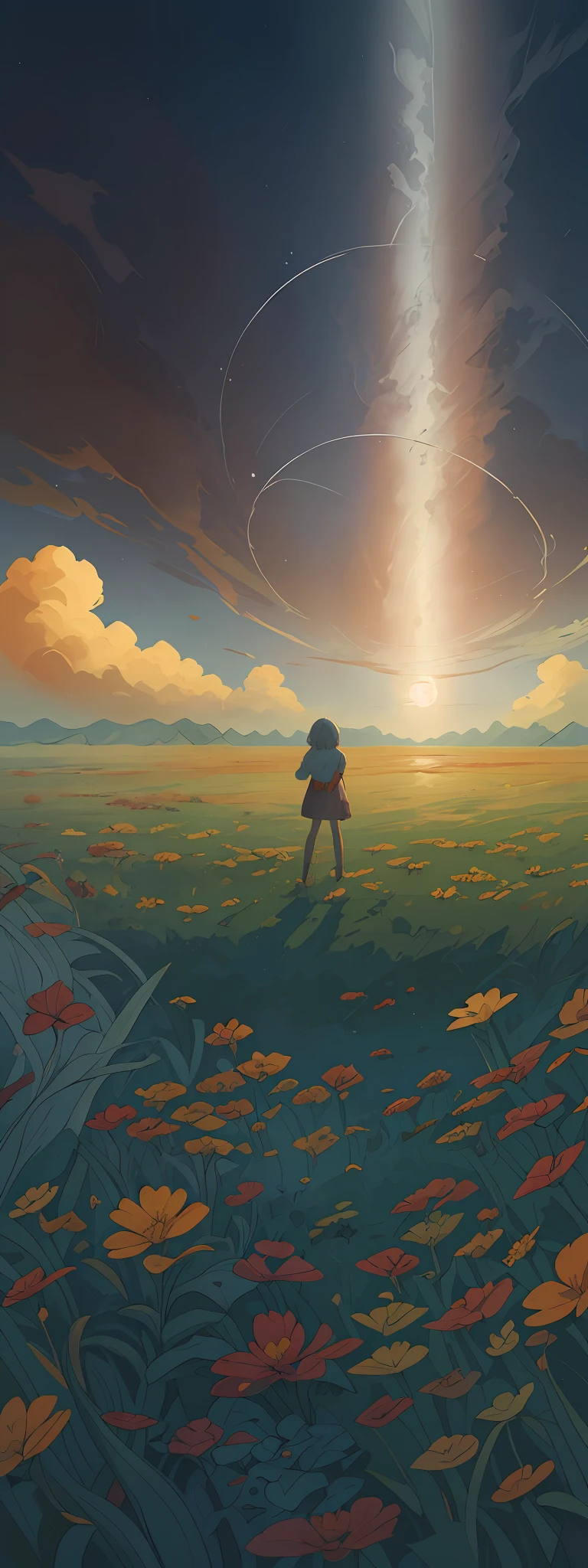 Expansive landscape photograph, (view from below with a view of the sky and wilderness below), little girl standing in a flower field looking up, (full moon: 1.2), (shooting star: 0.9), (nebula: 1.3), distant mountain, tree break production art, (warm light source: 1.2), (firefly: 1.2), lamp, purple and orange, intricate detail, volume lighting, realism break (masterpiece: 1.2) (Best Quality), 4K, Ultra-Detailed, (Dynamic Configuration: 1.4), Highly Detailed and Colorful Details, (Iridescent Colors: 1.2), (Glowing Lighting, Atmospheric Lighting), Dreamy, Magical, (Solo: 1.2)