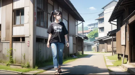 the background is a dilapidated building、a japanese lady、tshirts、half-pants、poneytail、sandal。