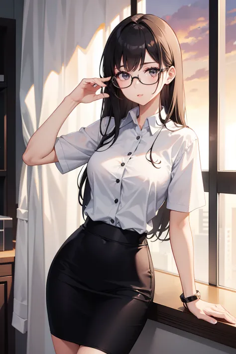1 girl, elegant, beautiful, white shirt, black short pencil skirt, slim body, long hair, short sleeves, glasses, office, sunset