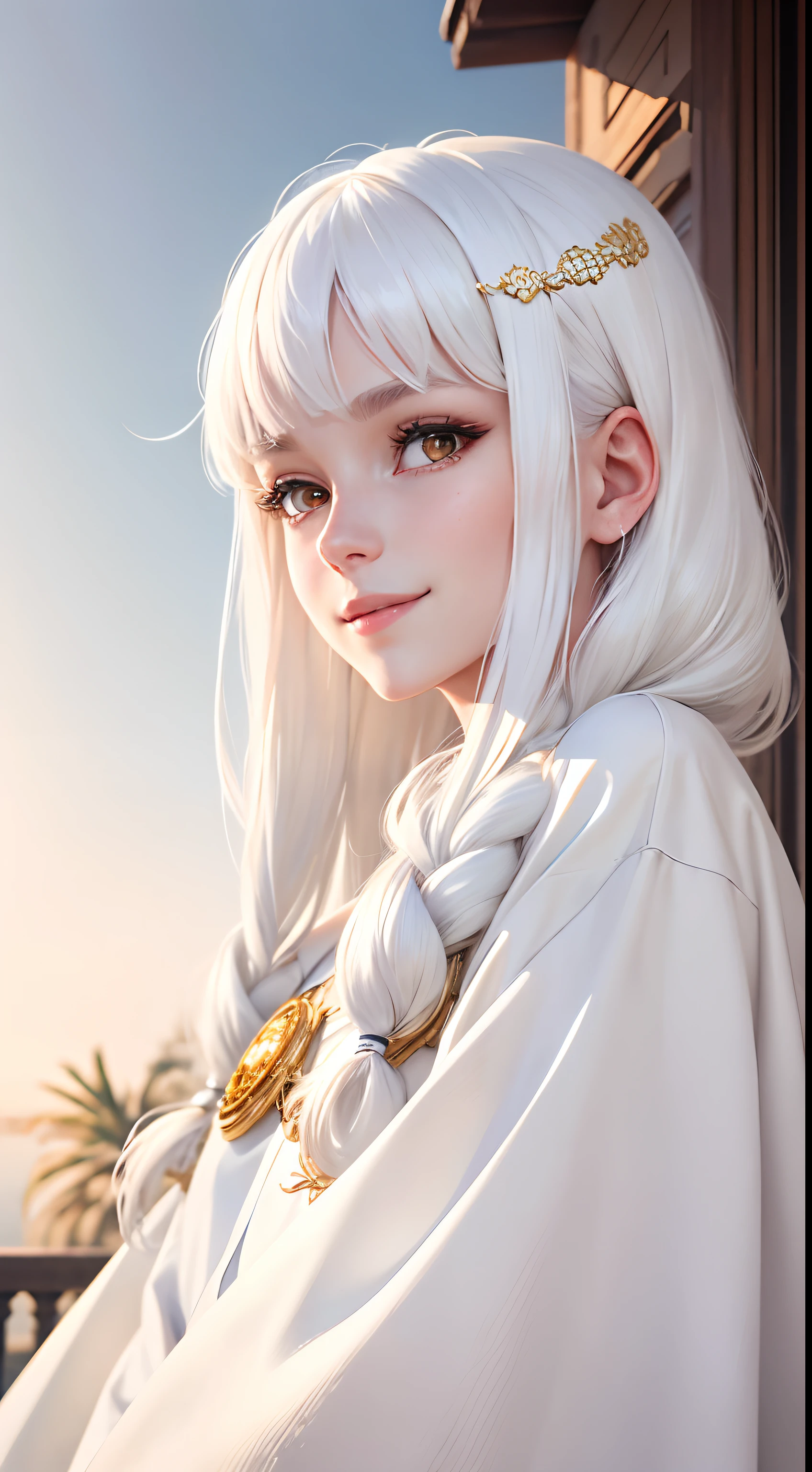 best quality, white hair, gold eyes, white clothes, looking up - SeaArt AI