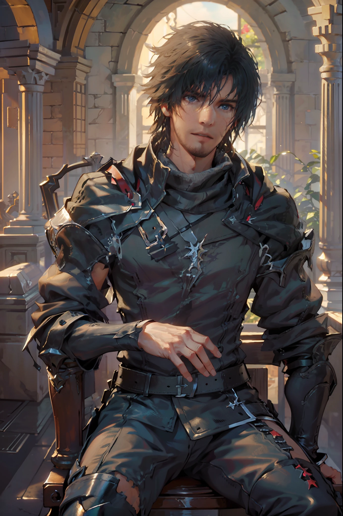 (absurdities, High Resolutions, ultra detailed, HdR), masterpiece, The best quality, final fantasy xvi, clive rosfield, 1man only, handsome, short hair, black hair, vibrant blue eyes, fine eyes and detailed face, armor, ((Intricate weapon)), Sitting on the throne, open legs, affected smile, annoying.