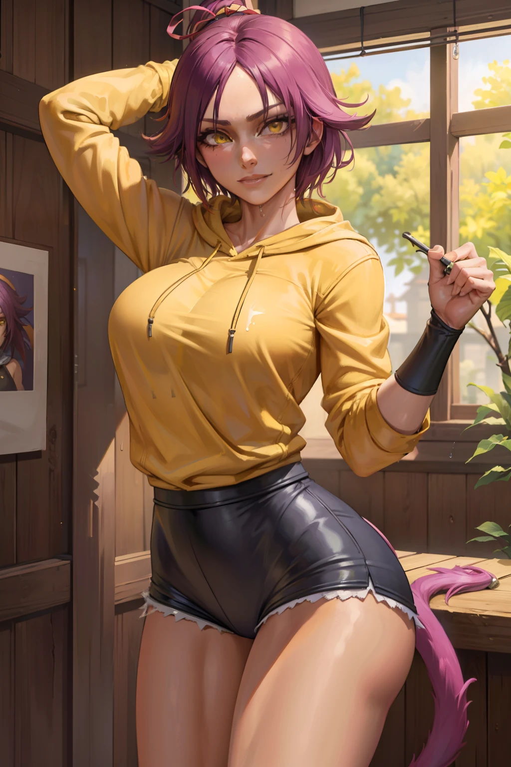 (Masterpiece, Best quality:1.2), Solo, 1girll, shihouin yoruichi, fake smile, looking at viewert, Tail, Realistic eyes, Best quality, Closed mouth, Beautiful lighting, Cinematic, 8K, Facial, wet face, Liner, Wooden walls, Big , Yellow hoodie, Short shorts, Wide thighs, Yellow eyes, ，Being spanked