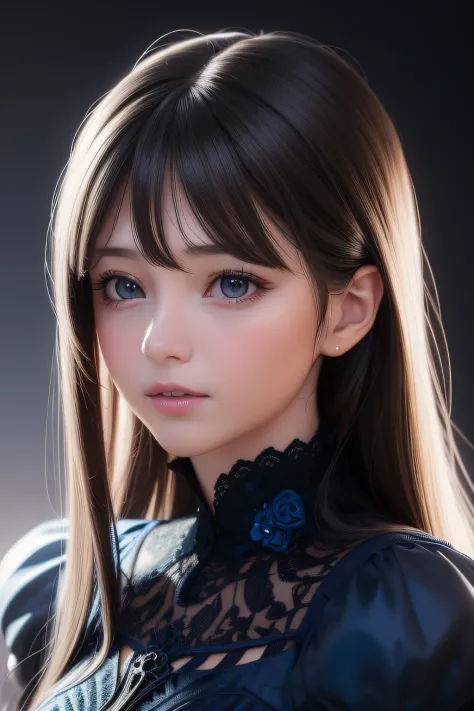 a close up of a woman with long hair wearing a blue dress, photorealistic anime girl rendering, Rendu portrait 8k, 3 d anime realistic, Realistic young anime girl, render of a cute 3d anime girl, hyper realistic anime, detailed portrait of an anime girl, R...