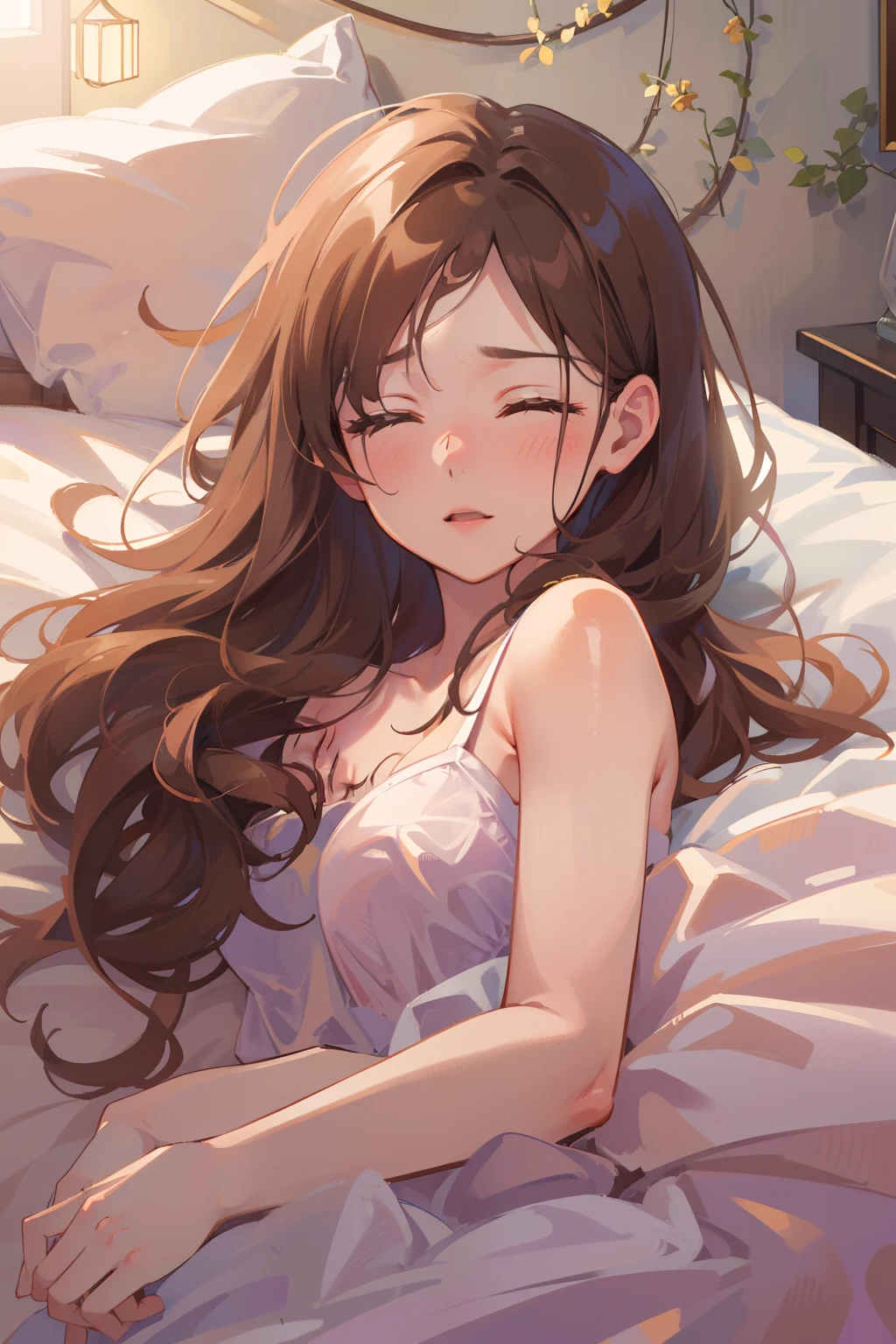 (masterpiece), best quality, beautiful detailed hair detailed face, ultra high res, sharp focus, ((1 woman, solo)), (warm pastel color), perfect feminine face, upper body, medium long shot, MLS, (at the night time:1.5), in the comfortable bedroom, lying down on the bed, chesnut brown hair, long hair, (close eyes:1.2), comfortable face