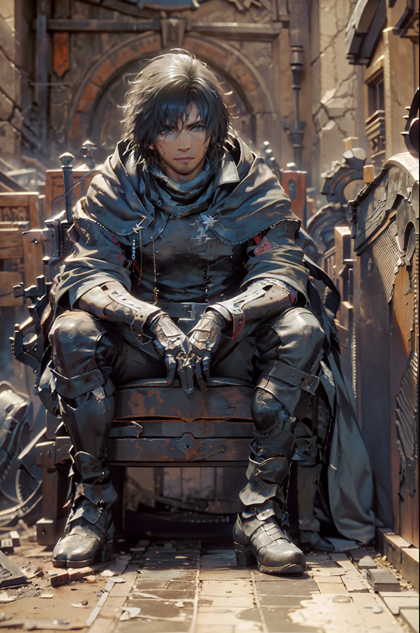 (absurdities, High Resolutions, ultra detailed, HdR), masterpiece, The best quality, final fantasy xvi, clive rosfield, 1man only, handsome, short hair, black hair, vibrant blue eyes, fine eyes and detailed face, armor, ((Intricate weapon)), Sitting on the throne, open legs, affected smile, annoying.