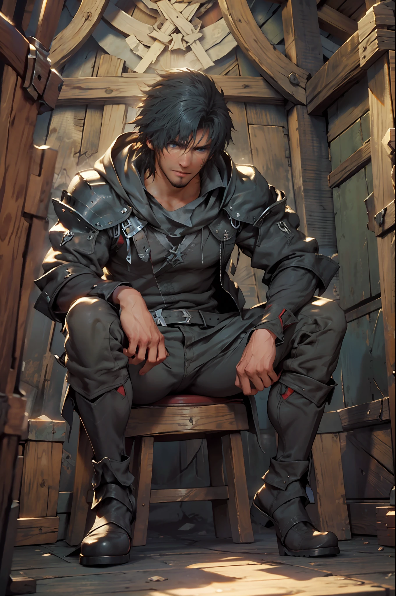 (absurdities, High Resolutions, ultra detailed, HdR), masterpiece, The best quality, final fantasy xvi, clive rosfield, 1man only, handsome, short hair, black hair, vibrant blue eyes, fine eyes and detailed face, armor, ((Intricate weapon)), Sitting on the throne, open legs, affected smile, annoying.