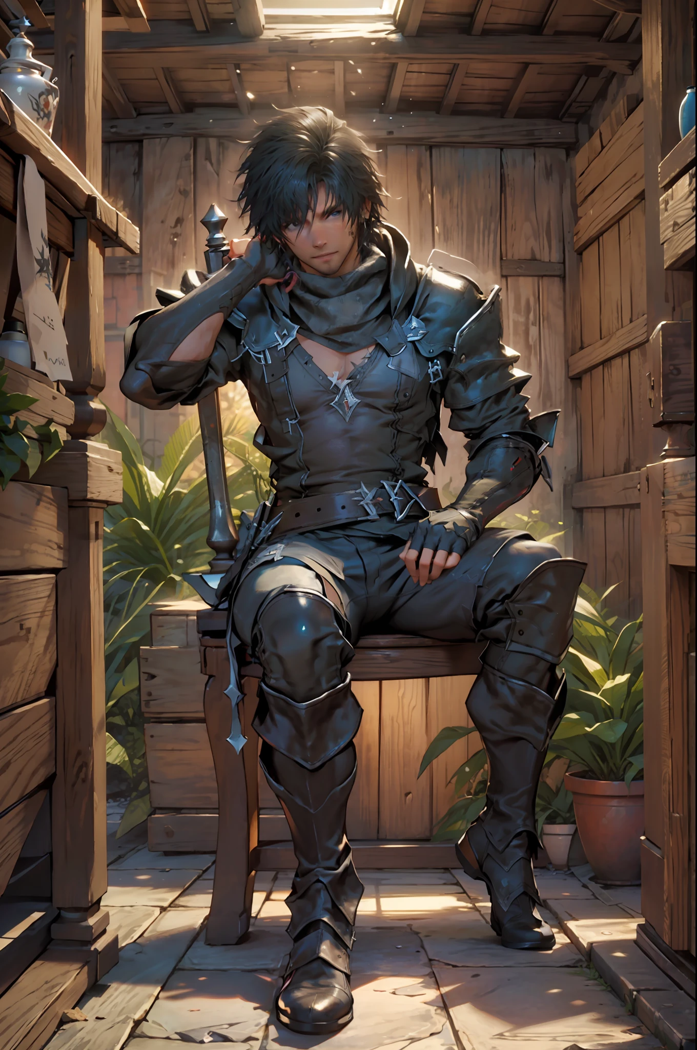 (absurdities, High Resolutions, ultra detailed, HdR), masterpiece, The best quality, final fantasy xvi, clive rosfield, 1man only, handsome, short hair, black hair, vibrant blue eyes, fine eyes and detailed face, armor, ((Intricate weapon)), Sitting on the throne, open legs, affected smile, annoying.