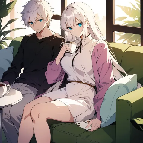 the woman with white hair is sitting next to the man on a sofa, holding a cup of tea. she has a caption that says: “she was loya...