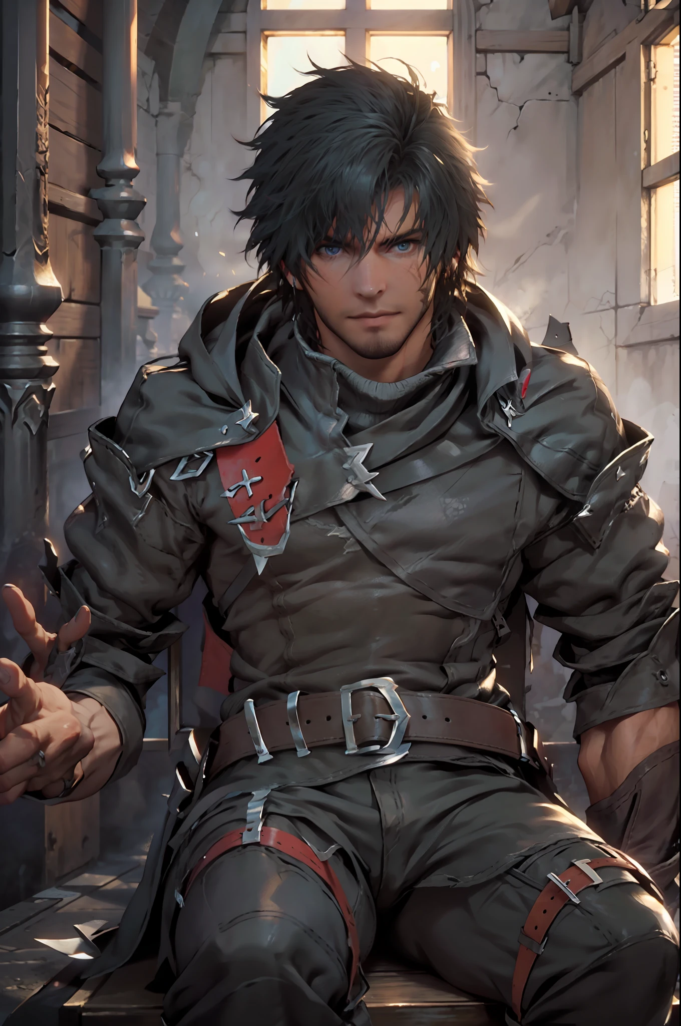 (absurdities, High Resolutions, ultra detailed, HdR), masterpiece, The best quality, final fantasy xvi, clive rosfield, 1man only, handsome, short hair, black hair, vibrant blue eyes, fine eyes and detailed face, armor, ((Intricate weapon)), Sitting on the throne, open legs, affected smile, annoying.