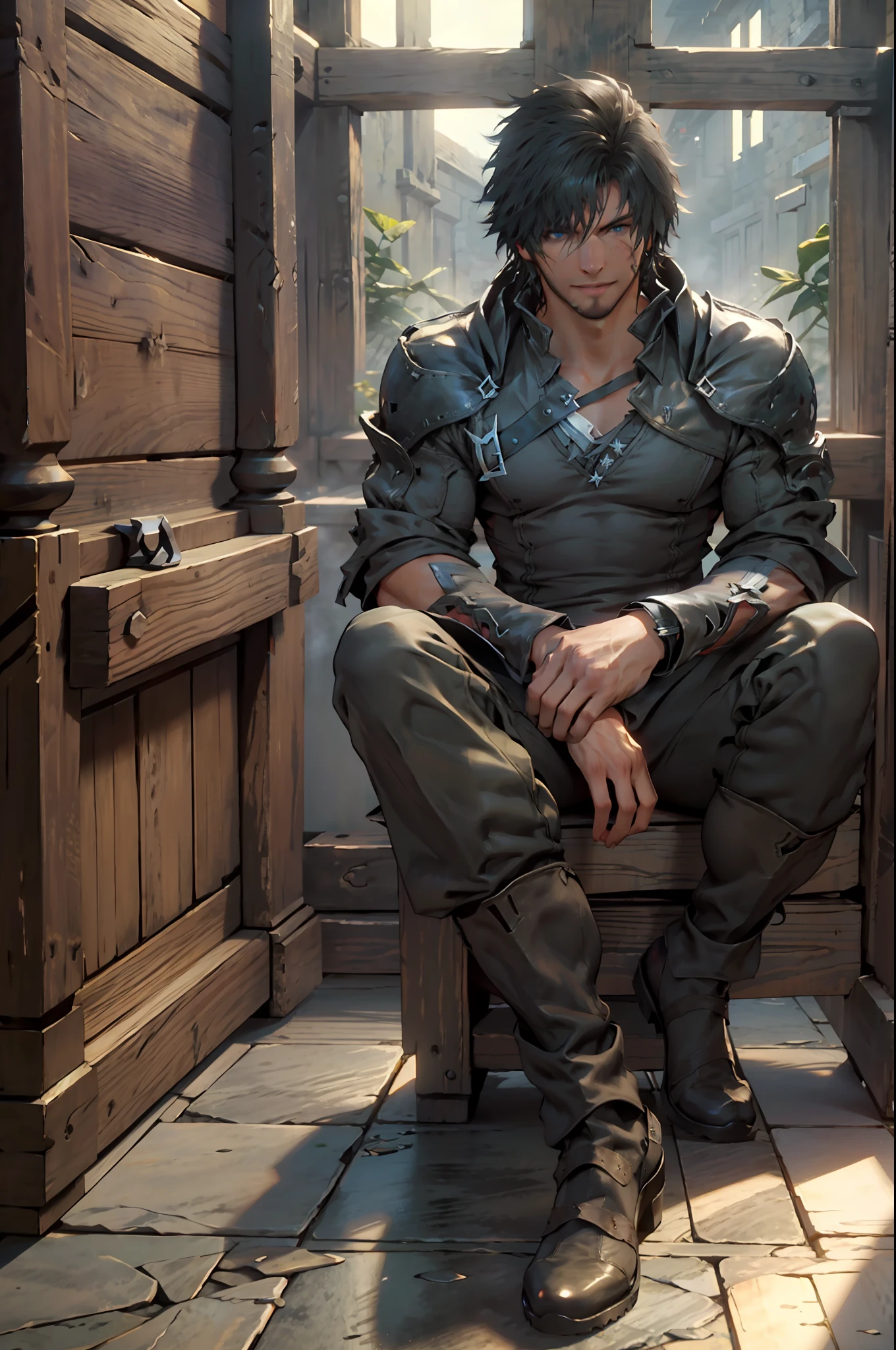 (absurdities, High Resolutions, ultra detailed, HdR), masterpiece, The best quality, final fantasy xvi, clive rosfield, 1man only, handsome, short hair, black hair, vibrant blue eyes, fine eyes and detailed face, armor, ((Intricate weapon)), Sitting on the throne, open legs, affected smile, annoying.