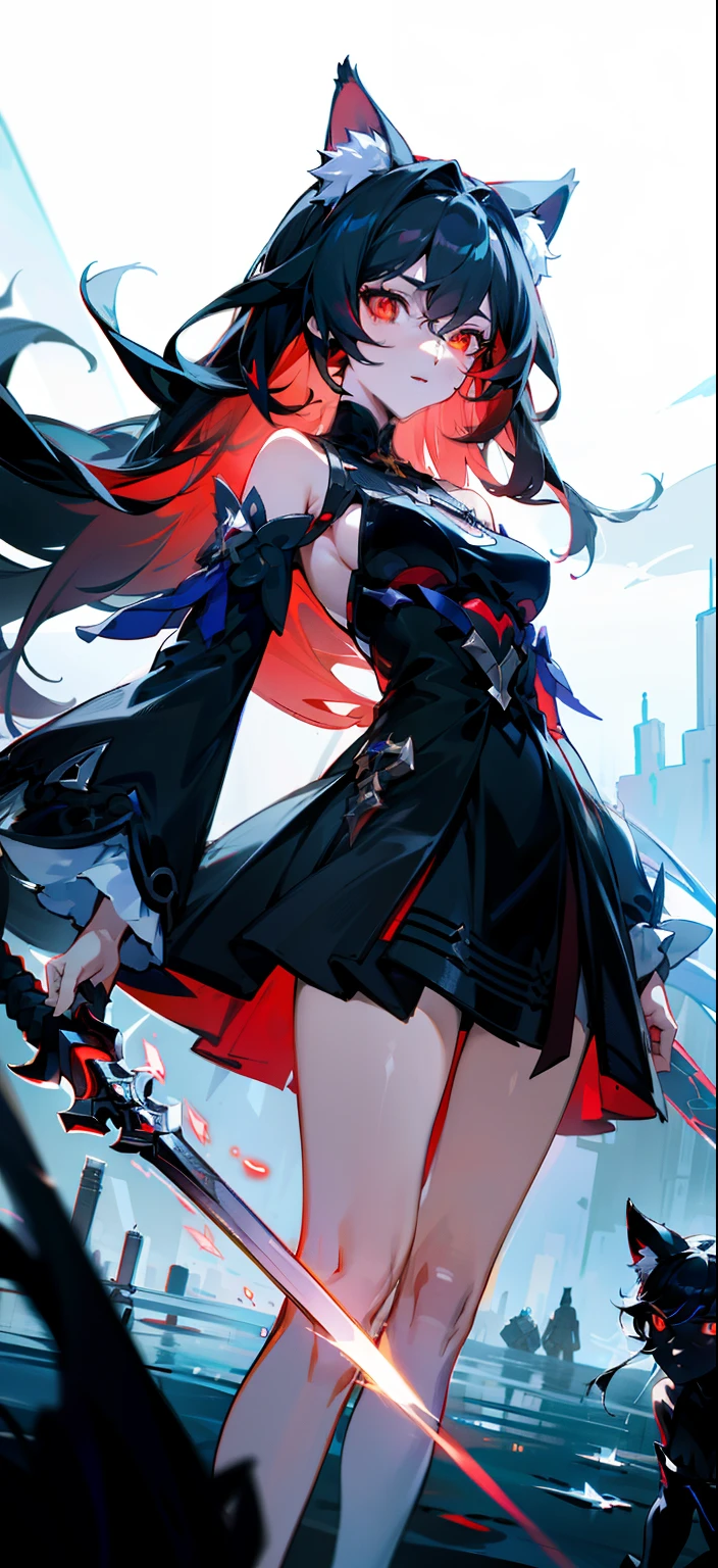 A close-up of a girl，Black hair，red color eyes，glowing light eyes，Separate the sleeves，black color dress，Cold，Perfect girly body，mediuml breasts，long leges，cat ear，black glove，the night，Lake surface，There are three cats next to it，Holding a black long sword，Indifferent swordsman，Separate the sleeves，Honkai Three style,style of anime，full bodyesbian