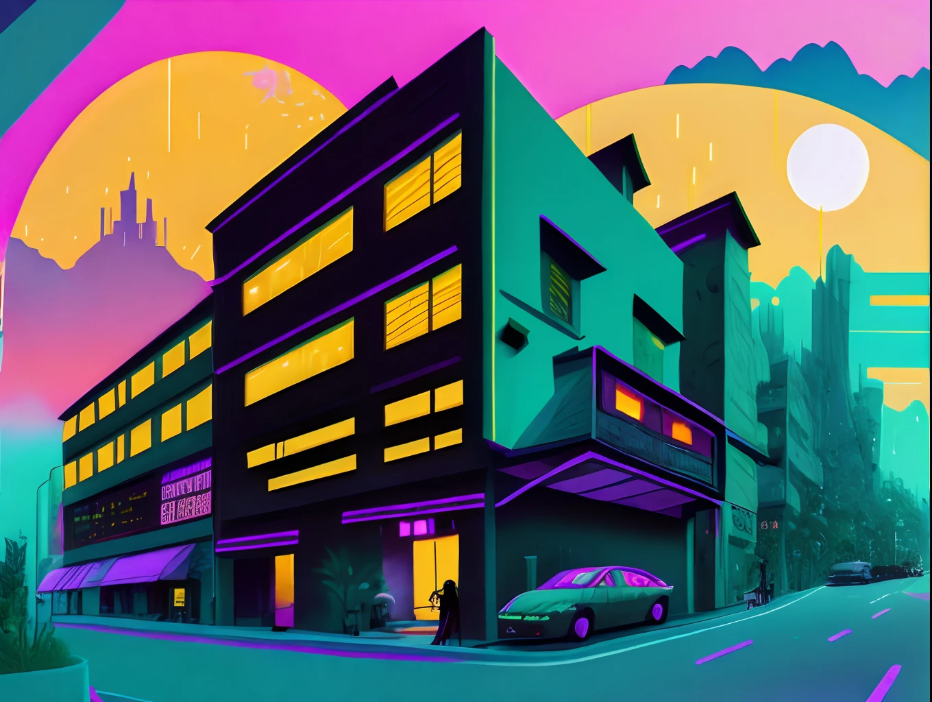 An illustration of houses, building and street neon colors by Kilian Eng