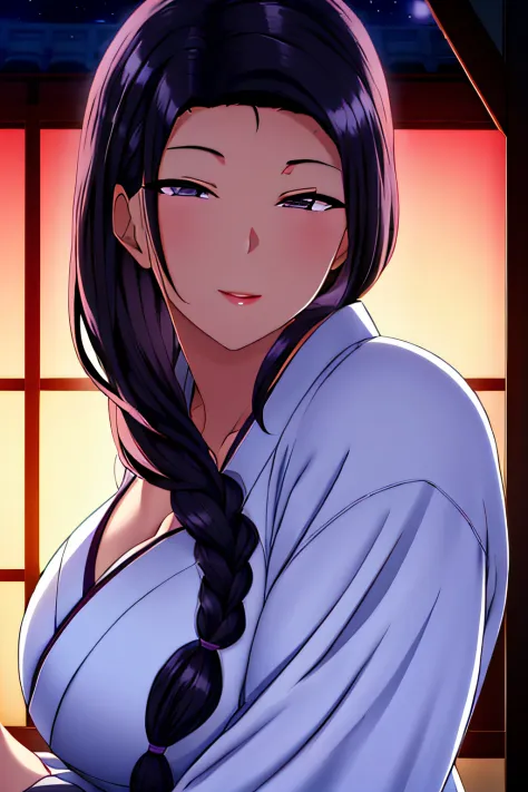 (Night:1.7), Japan, Tokyo, CityView, Before Window,
Standing at attention,
(White_kimono:1.3),cleavage,
black_hair, long_hair, h...