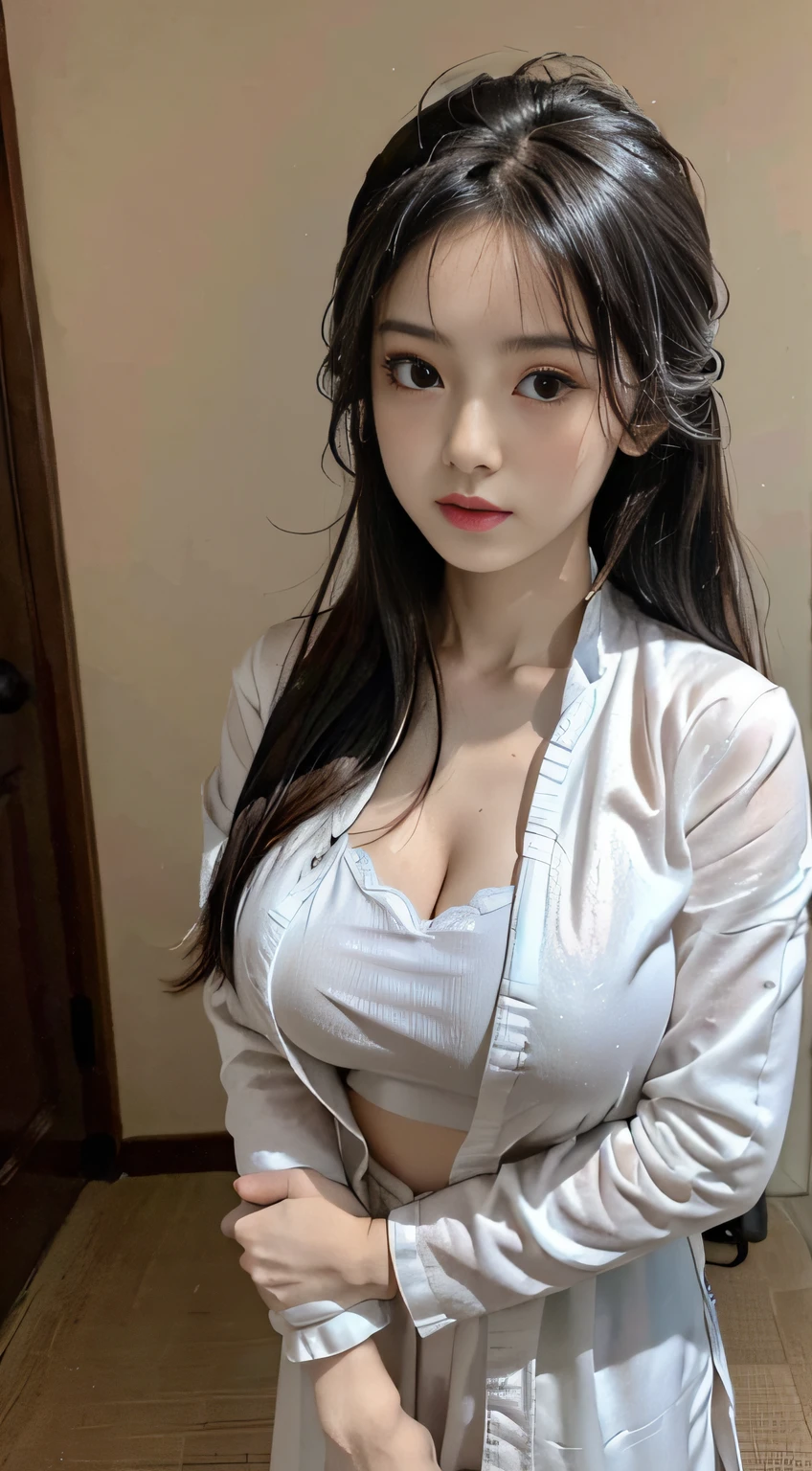 Master quality, highest quality, best picture quality, exaggerated details, a cute 8 year old asian  with a shy expression,a close up , perfect android girl slightly squinted eyes, adjusting her hair, long eyelashes (long hair / very, very exaggerated big breasts and tight, round breasts , posing in front of the camera, big breasts  , sweaty  wet breast hanfu open v chest clothes muslin
